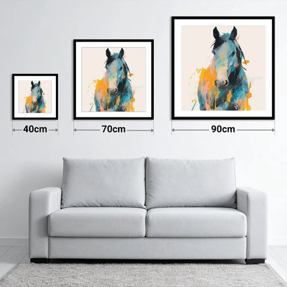 Teal and Amber Gaze - size guide showing 40cm, 70cm and 90cm art prints