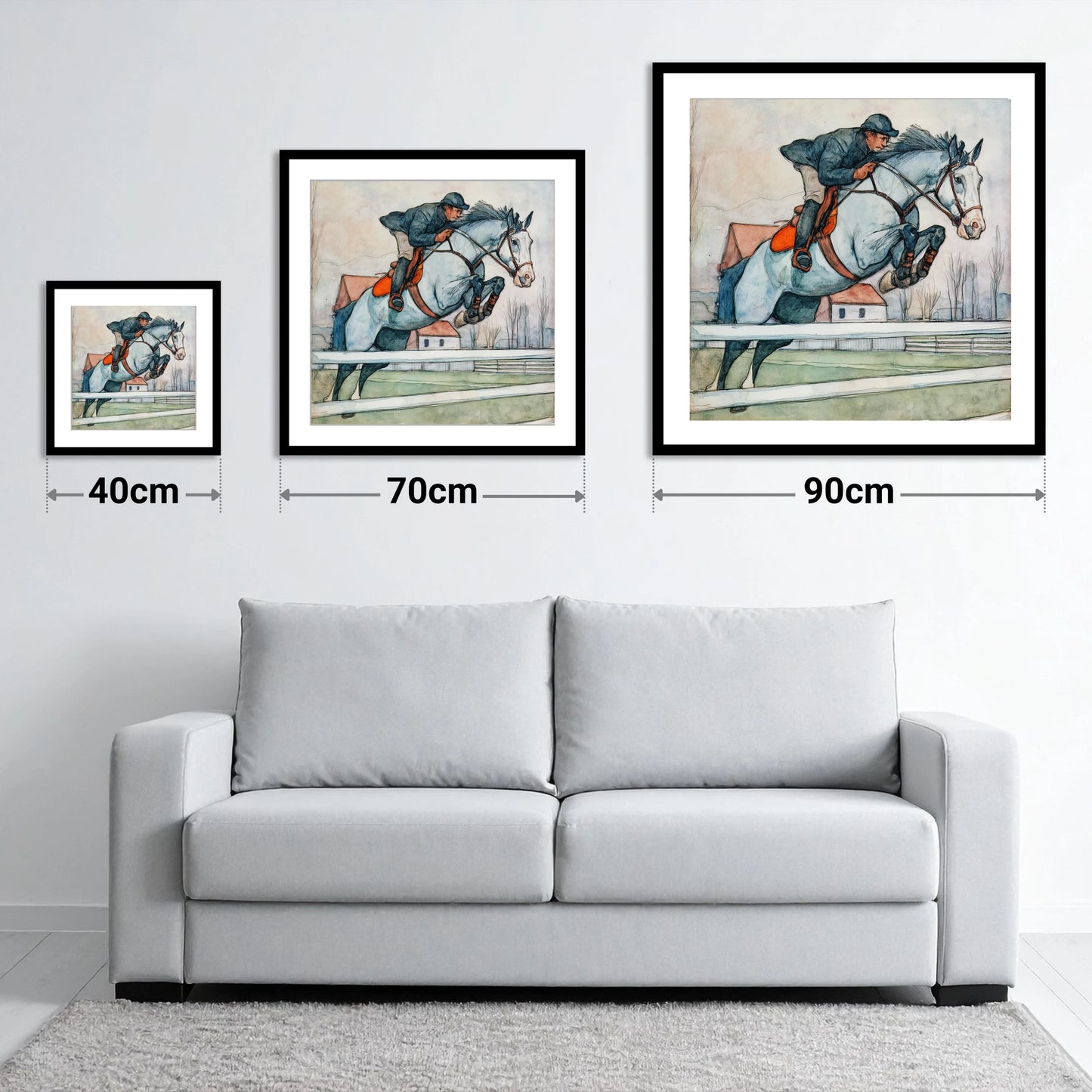 Clearing the Rails - size guide showing 40cm, 70cm and 90cm art prints