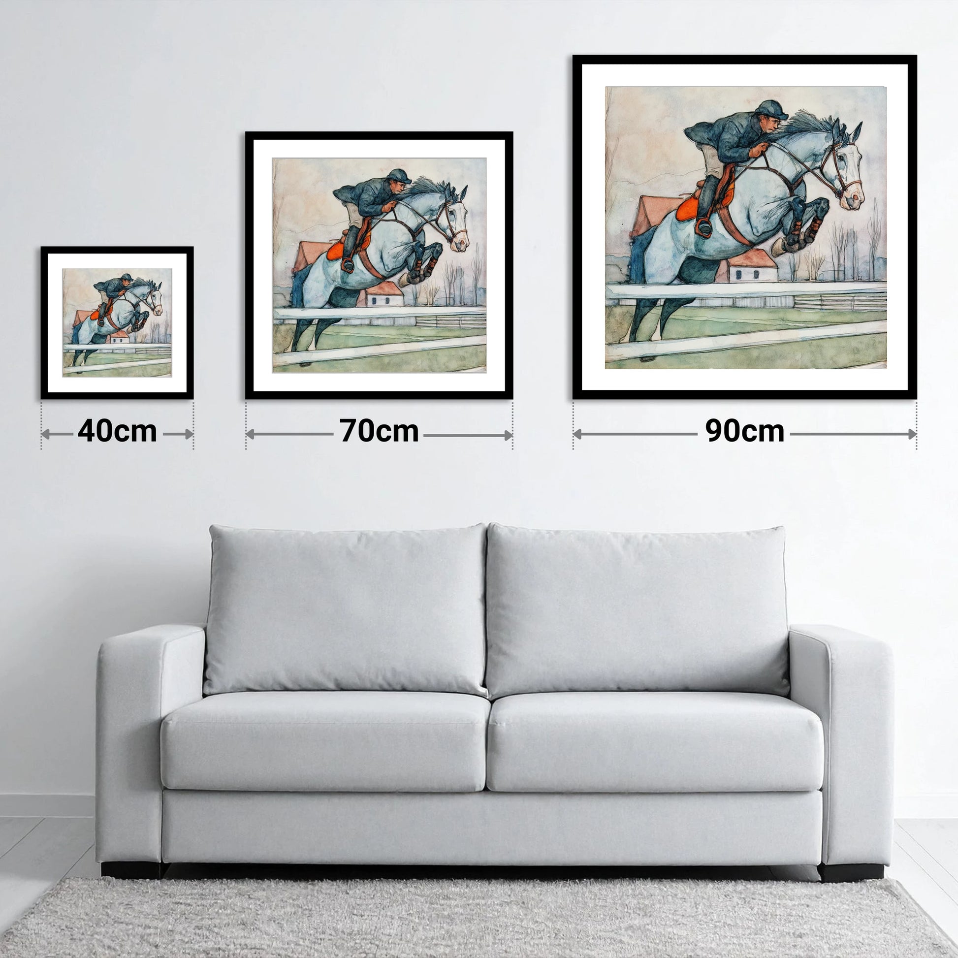 Clearing the Rails - size guide showing 40cm, 70cm and 90cm art prints