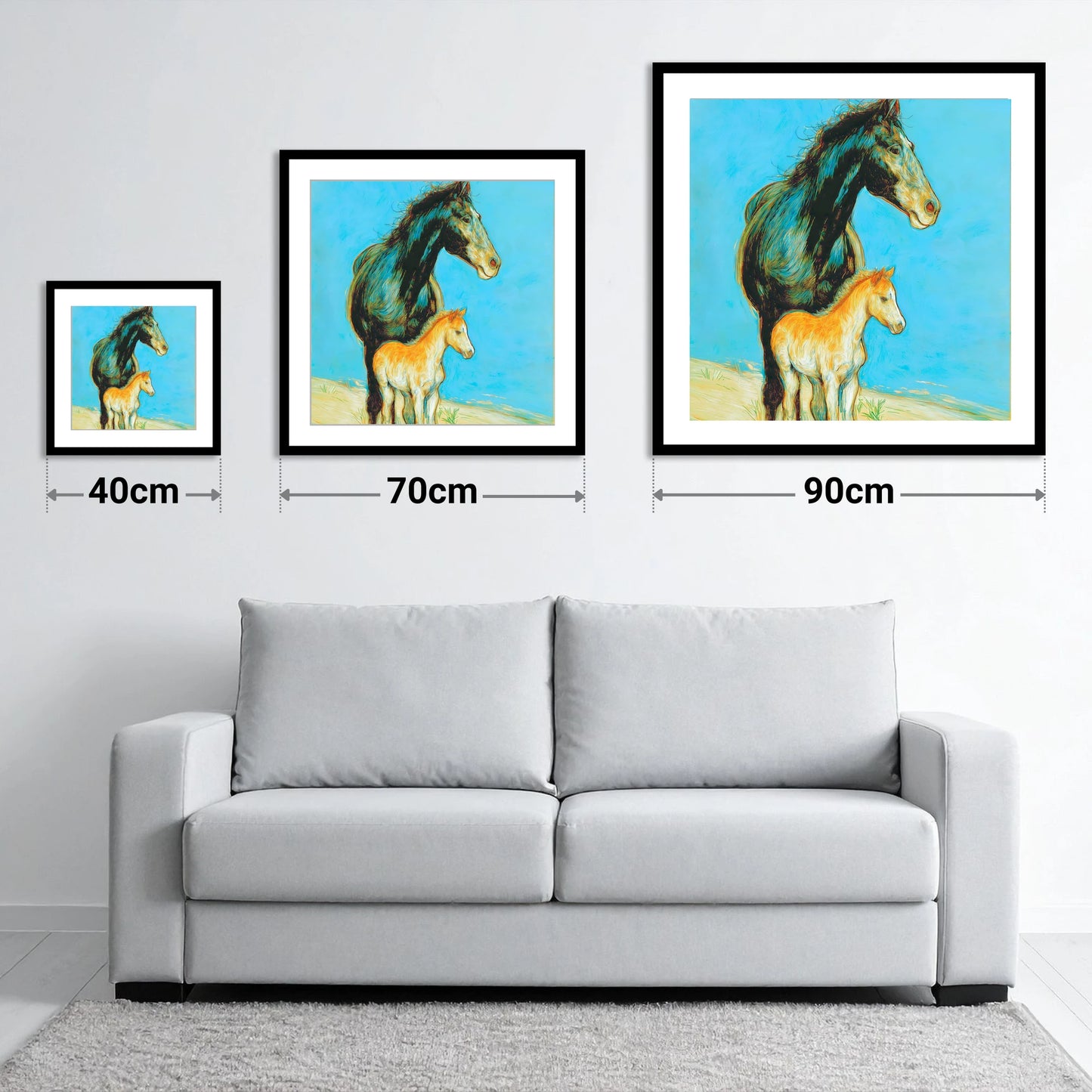 Cerulean Bond - size guide showing 40cm, 70cm and 90cm art prints