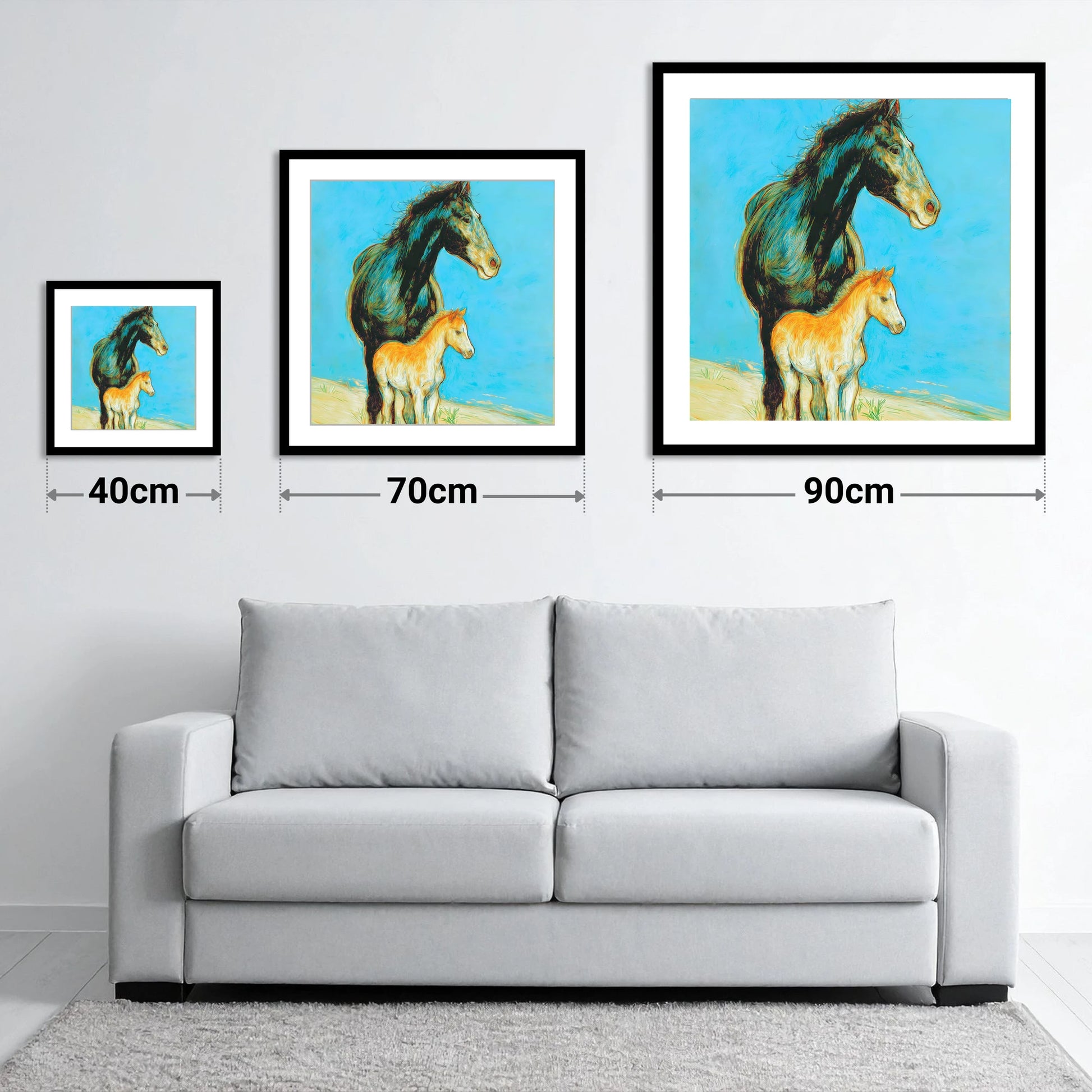 Cerulean Bond - size guide showing 40cm, 70cm and 90cm art prints