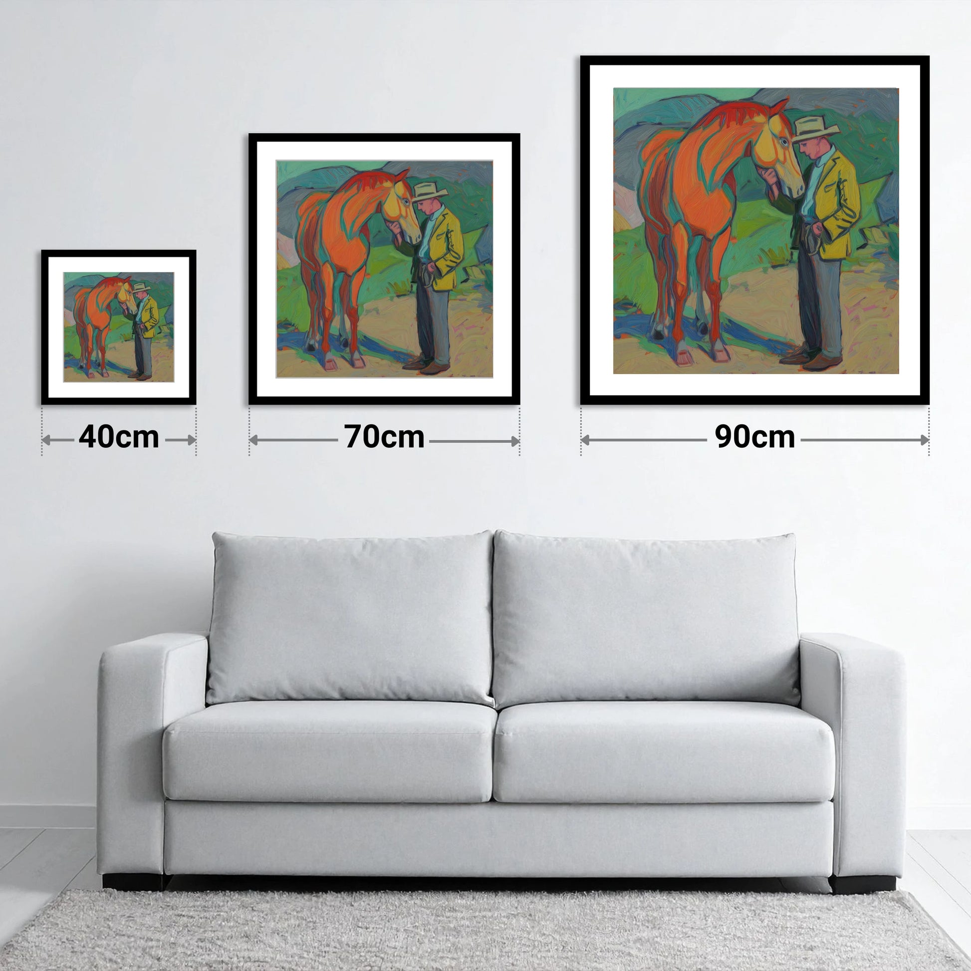 Vibrant Companionship - size guide showing 40cm, 70cm and 90cm art prints