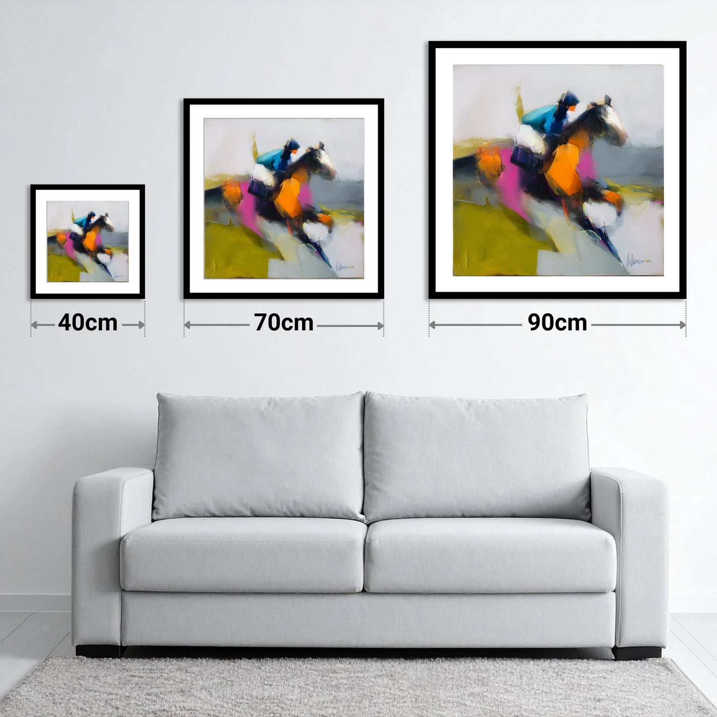 Thundering Colour - size guide showing 40cm, 70cm and 90cm art prints