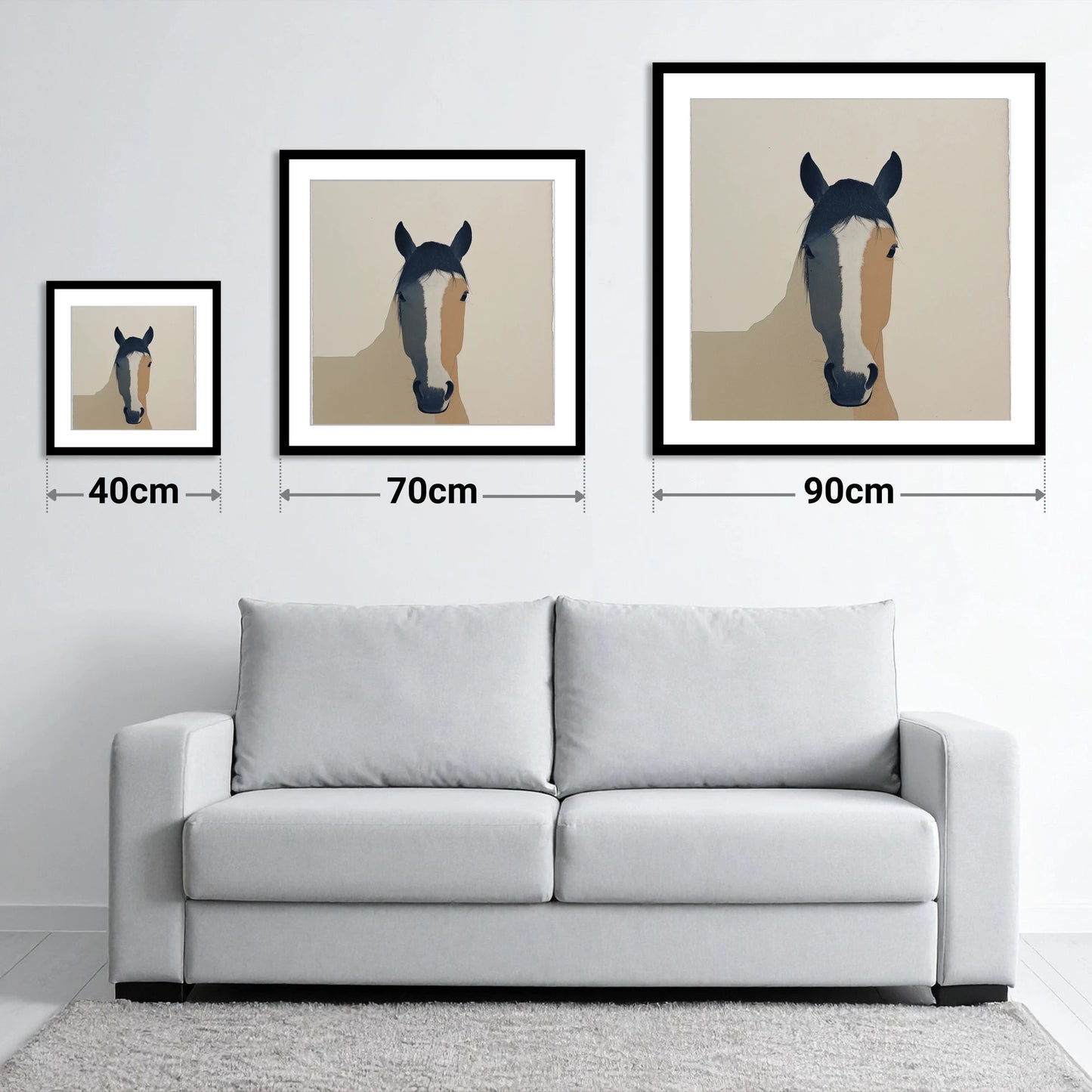 Contemporary Painted Blaze - size guide showing 40cm, 70cm and 90cm art prints