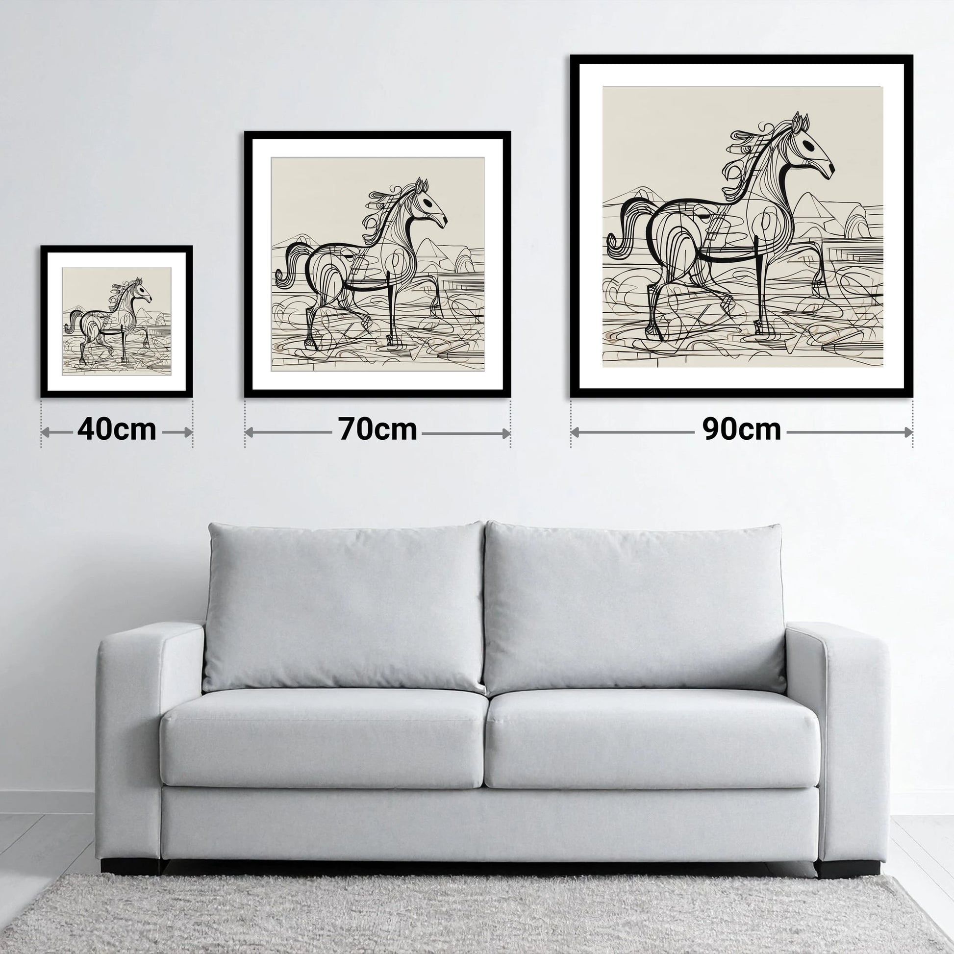 Coastline Contours - size guide showing 40cm, 70cm and 90cm art prints