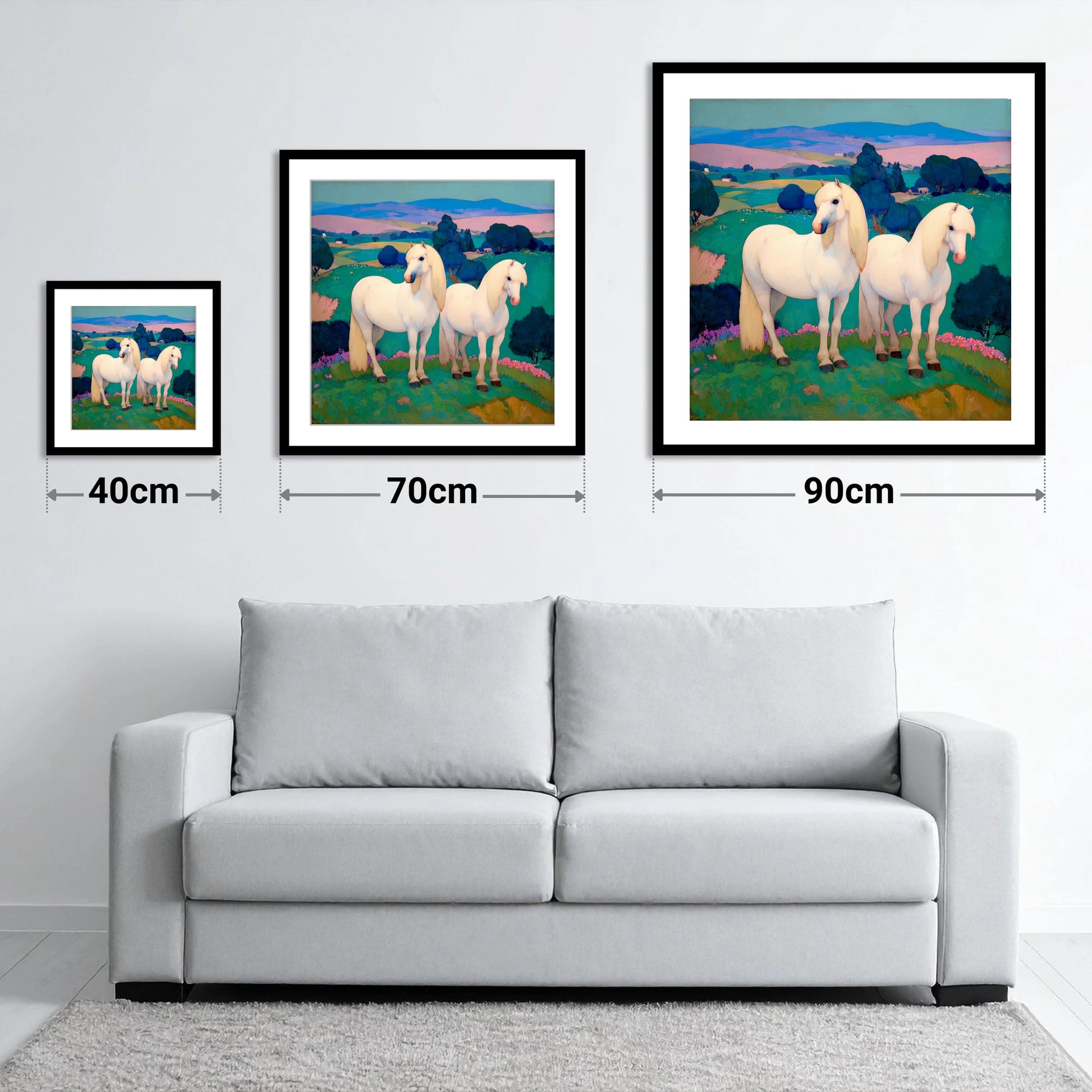 Pastel Horizons - size guide showing 40cm, 70cm and 90cm art prints