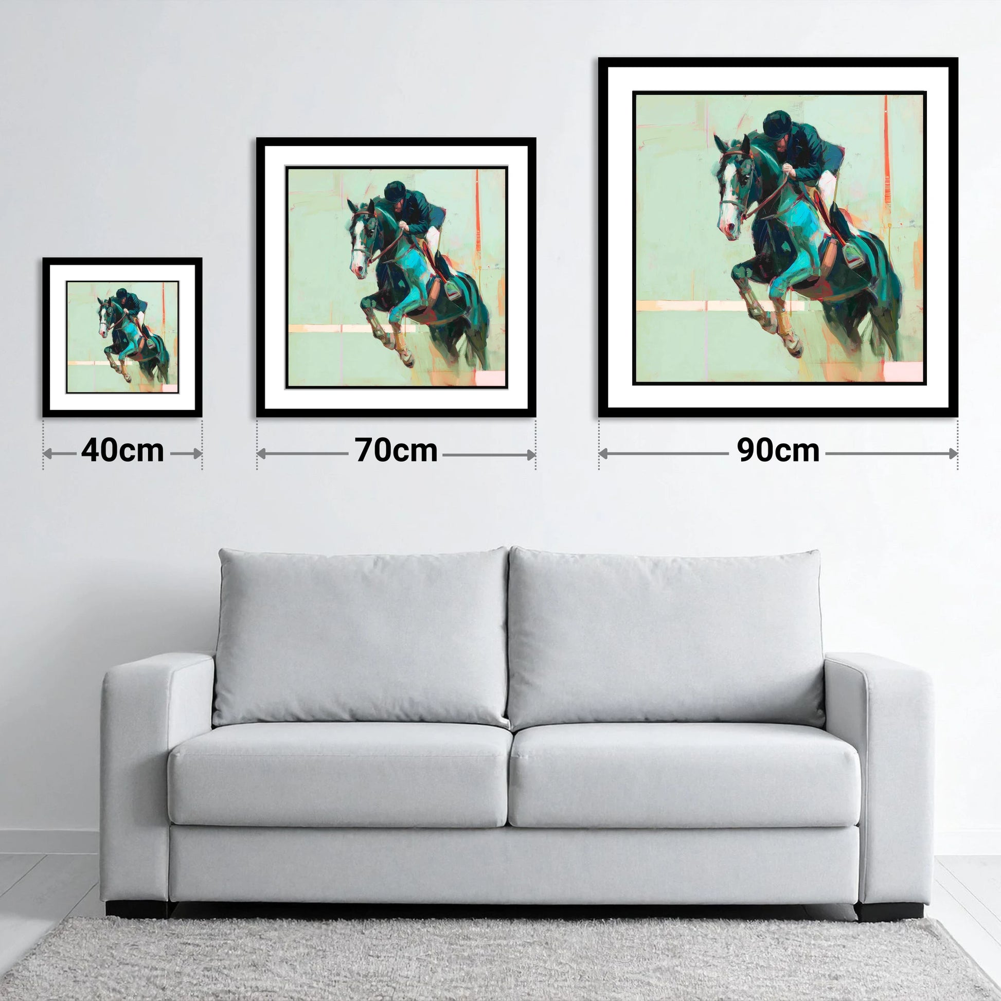 Airborne in Teal - size guide showing 40cm, 70cm and 90cm art prints
