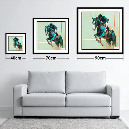 Airborne in Teal - size guide showing 40cm, 70cm and 90cm art prints