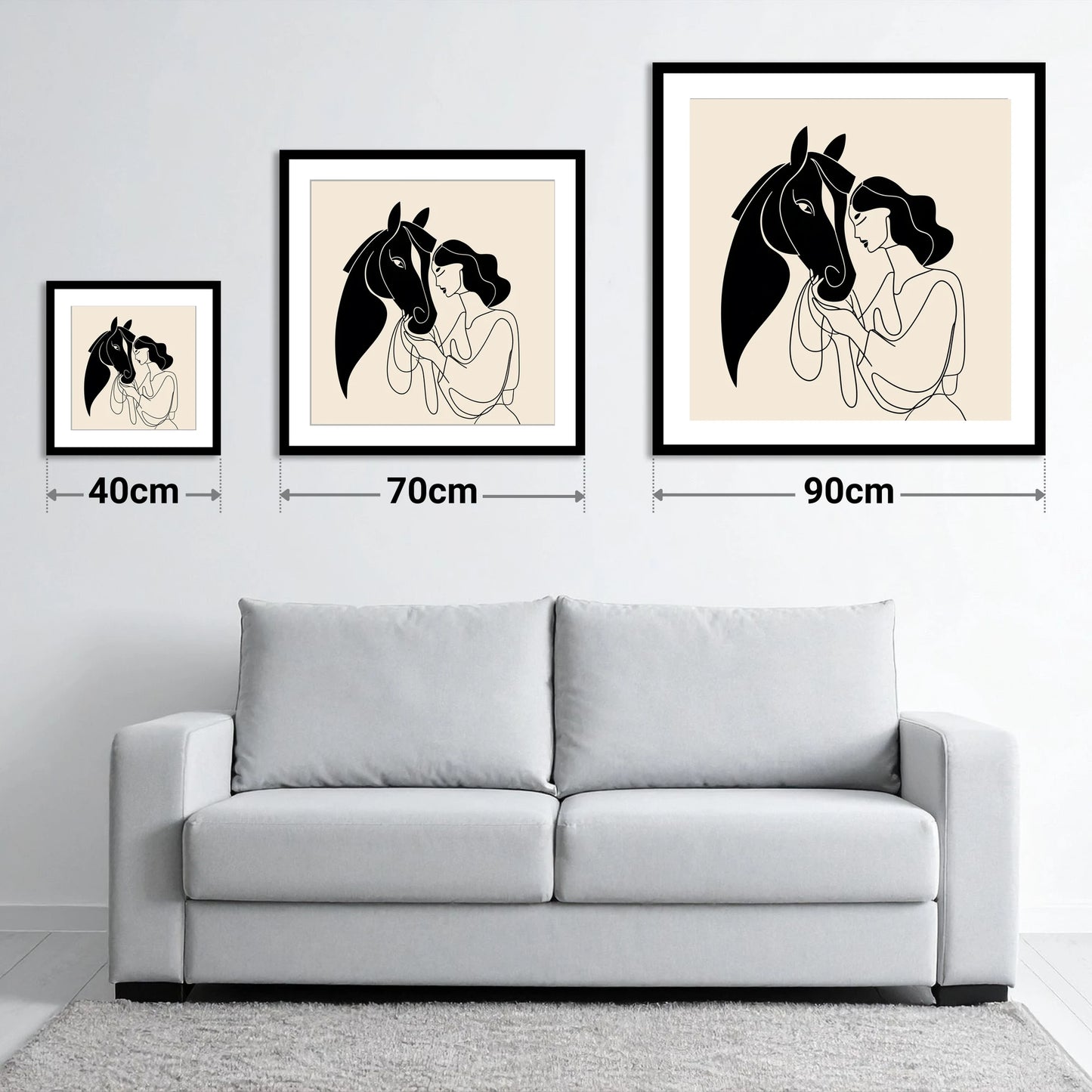 The Unspoken Bond - size guide showing 40cm, 70cm and 90cm art prints