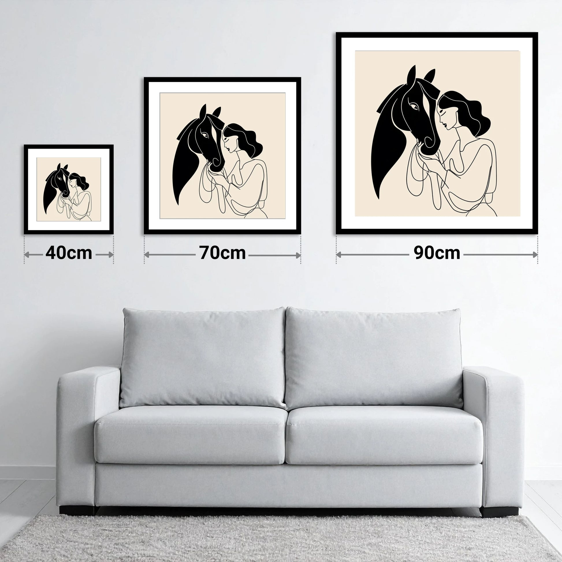 The Unspoken Bond - size guide showing 40cm, 70cm and 90cm art prints