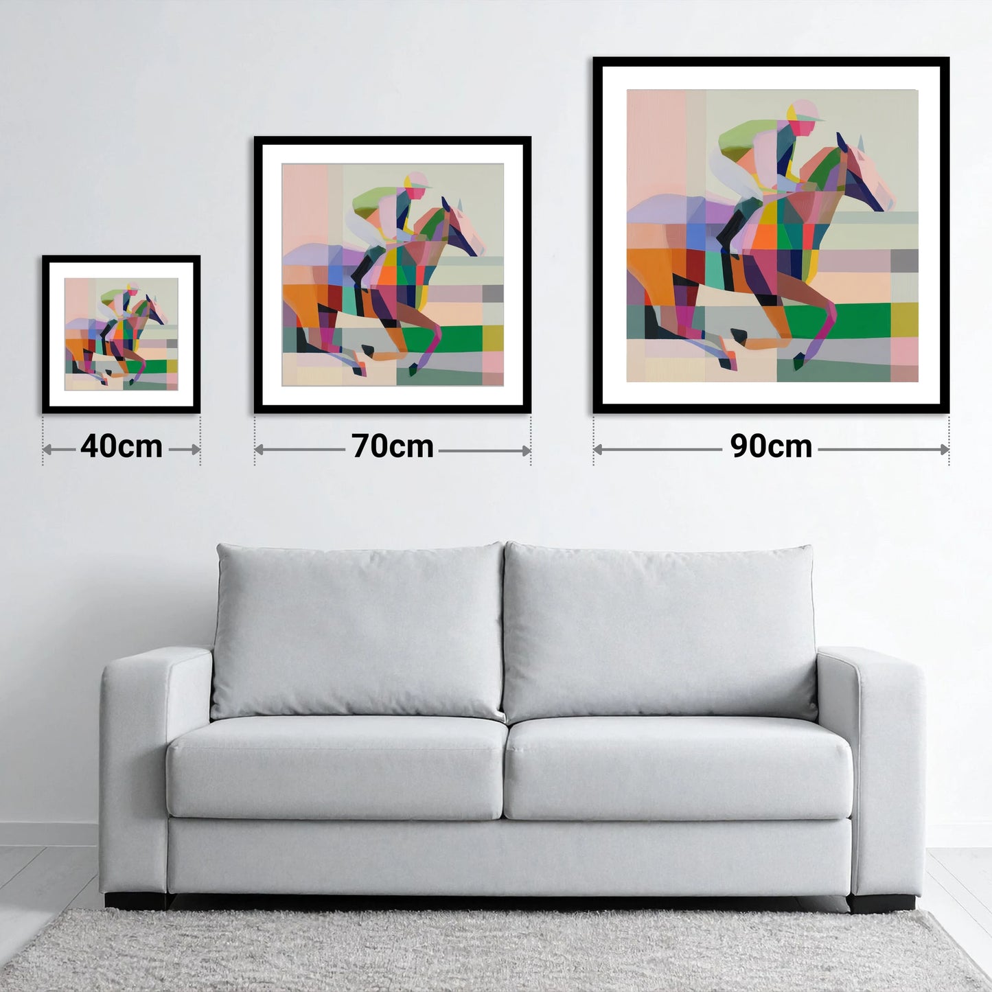 Prismatic Stride - size guide showing 40cm, 70cm and 90cm art prints