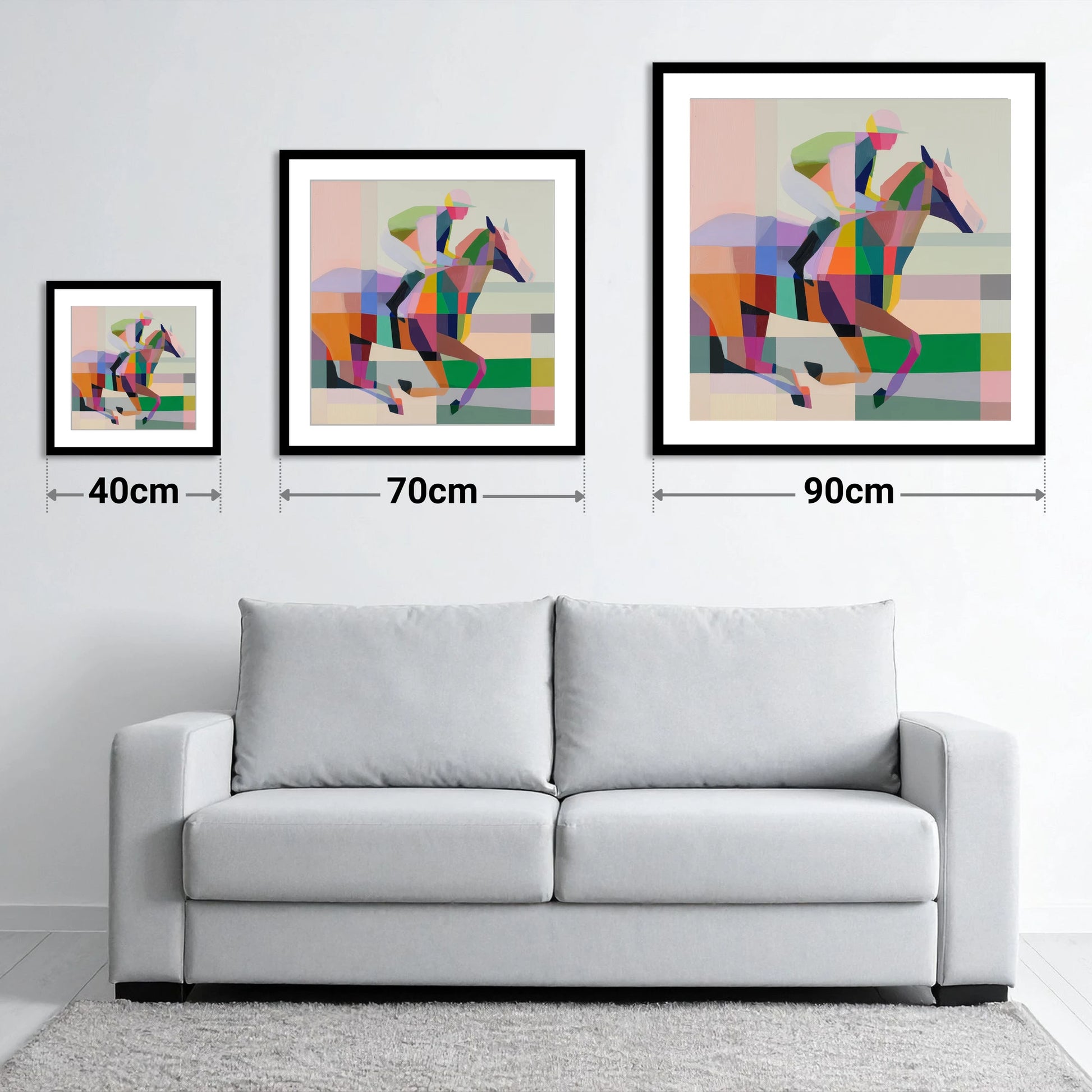 Prismatic Stride - size guide showing 40cm, 70cm and 90cm art prints