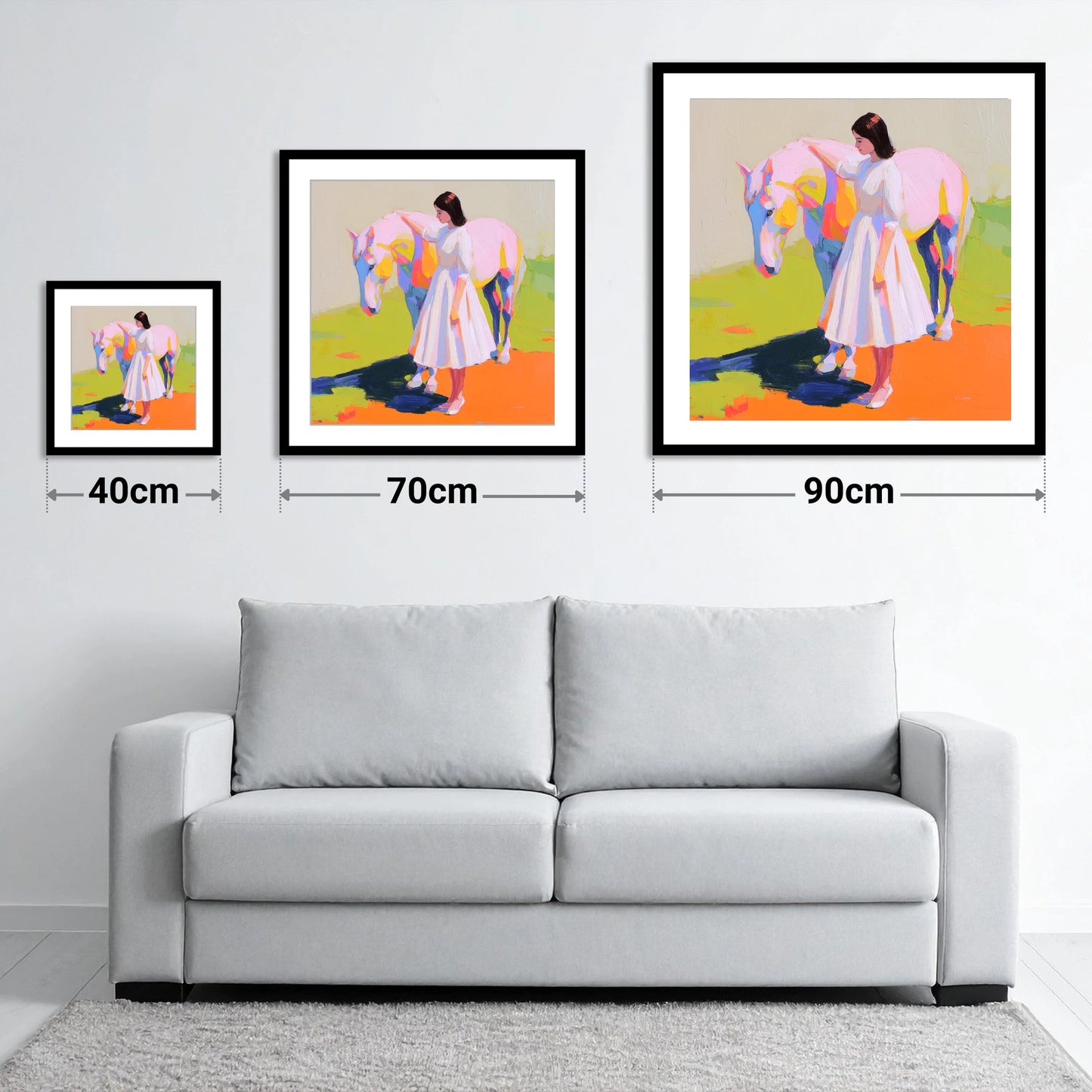 Radiant Connection - size guide showing 40cm, 70cm and 90cm art prints