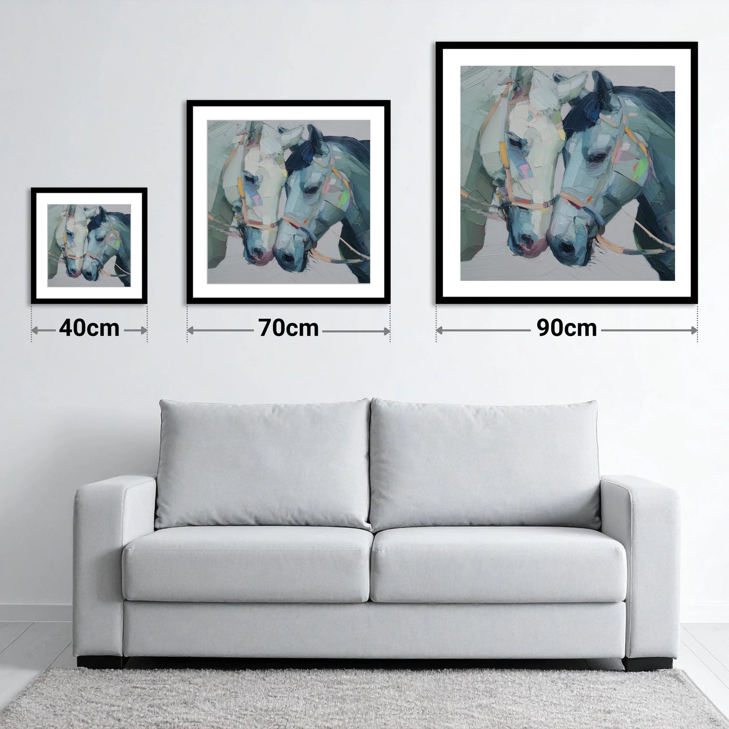 A Quiet Connection - size guide showing 40cm, 70cm and 90cm art prints