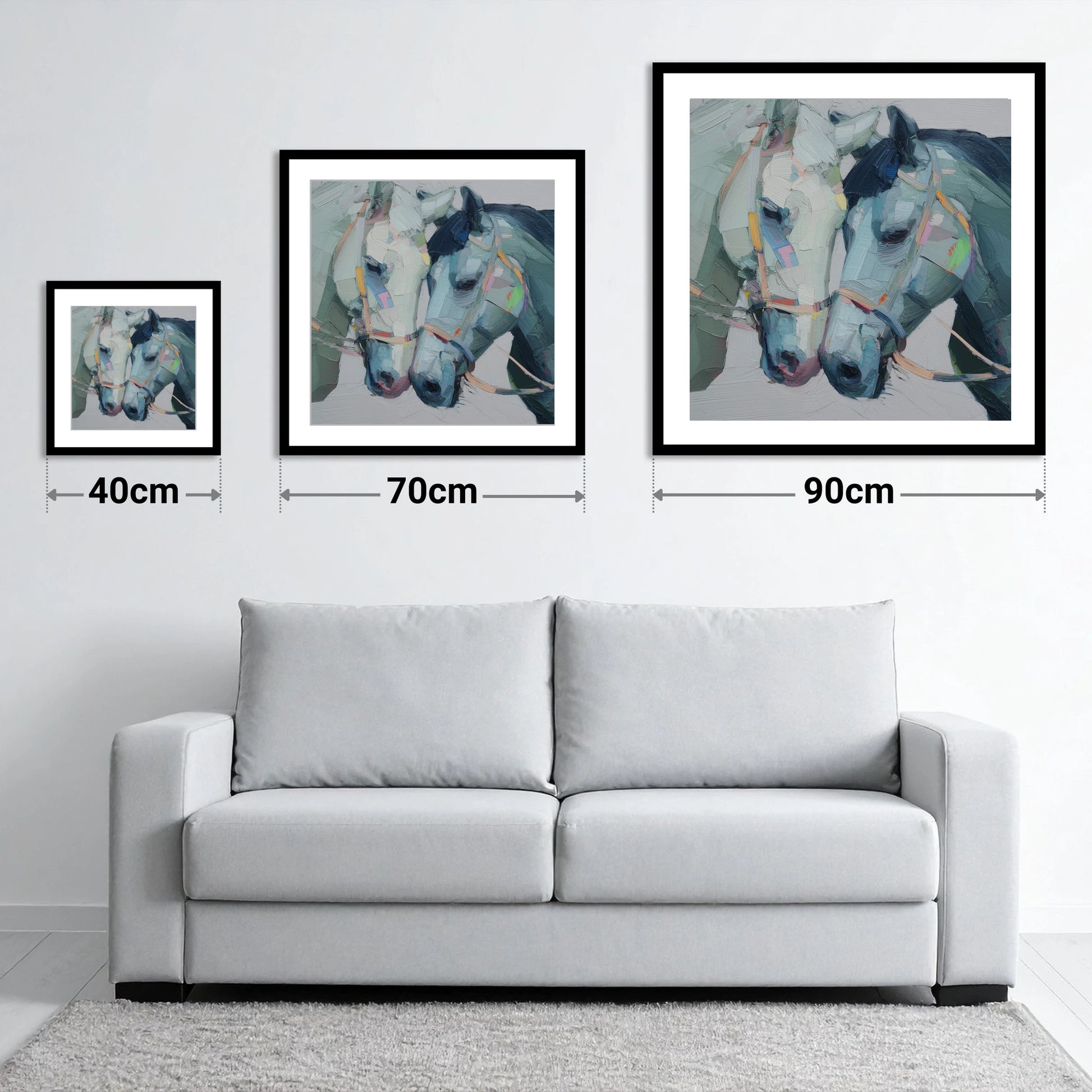 A Quiet Connection - size guide showing 40cm, 70cm and 90cm art prints