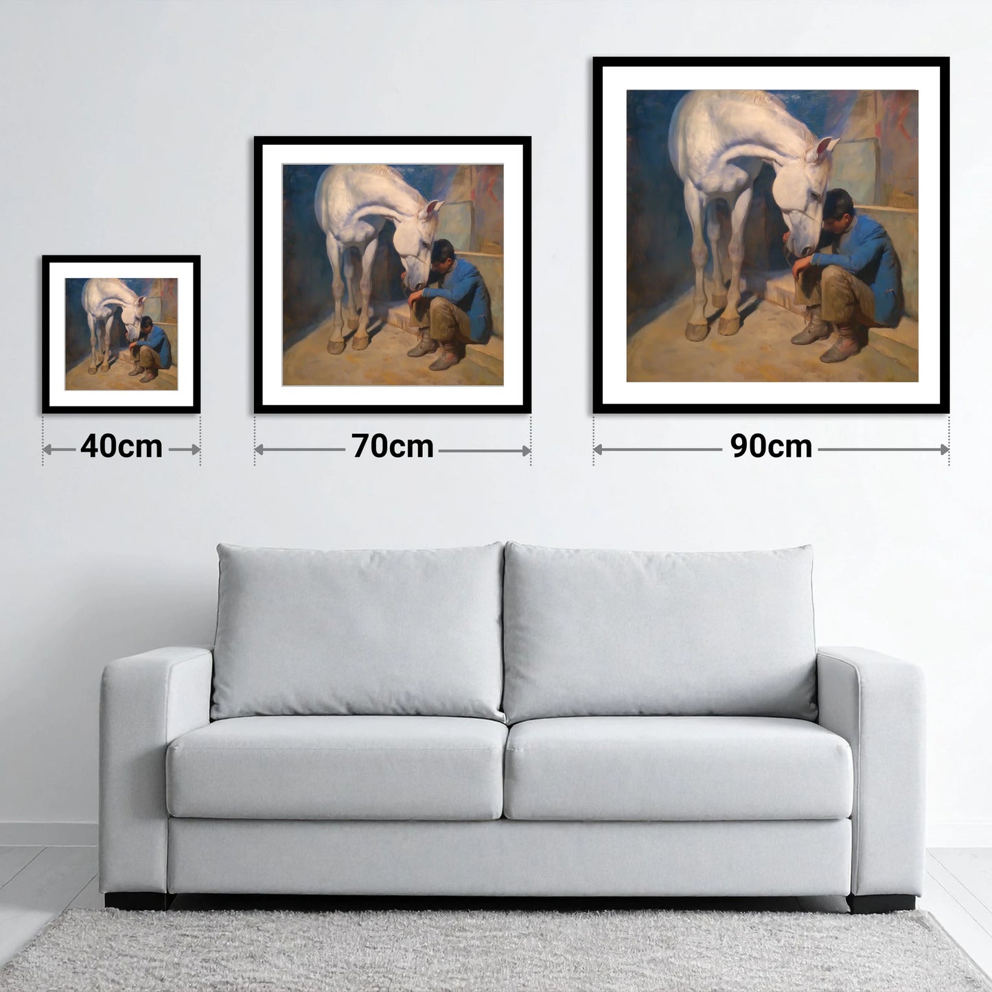 A Moment of Solace - size guide showing 40cm, 70cm and 90cm art prints