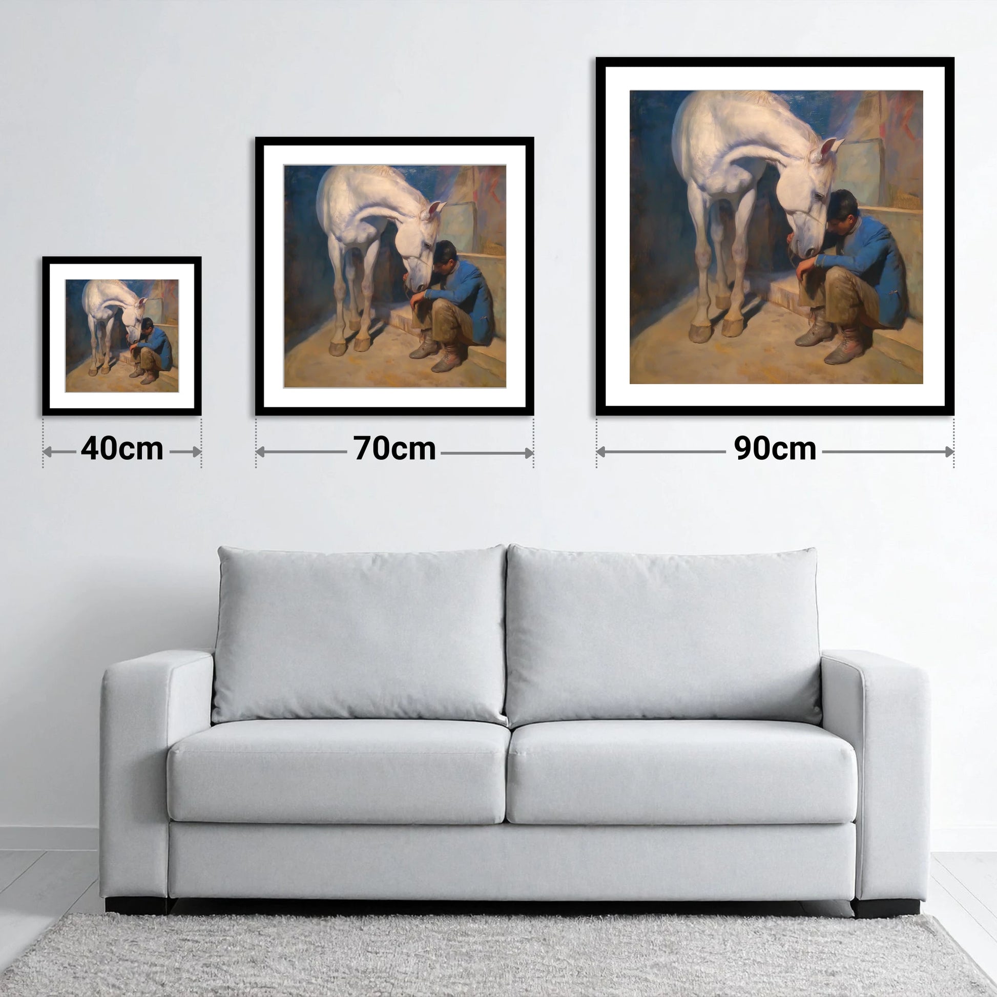 A Moment of Solace - size guide showing 40cm, 70cm and 90cm art prints