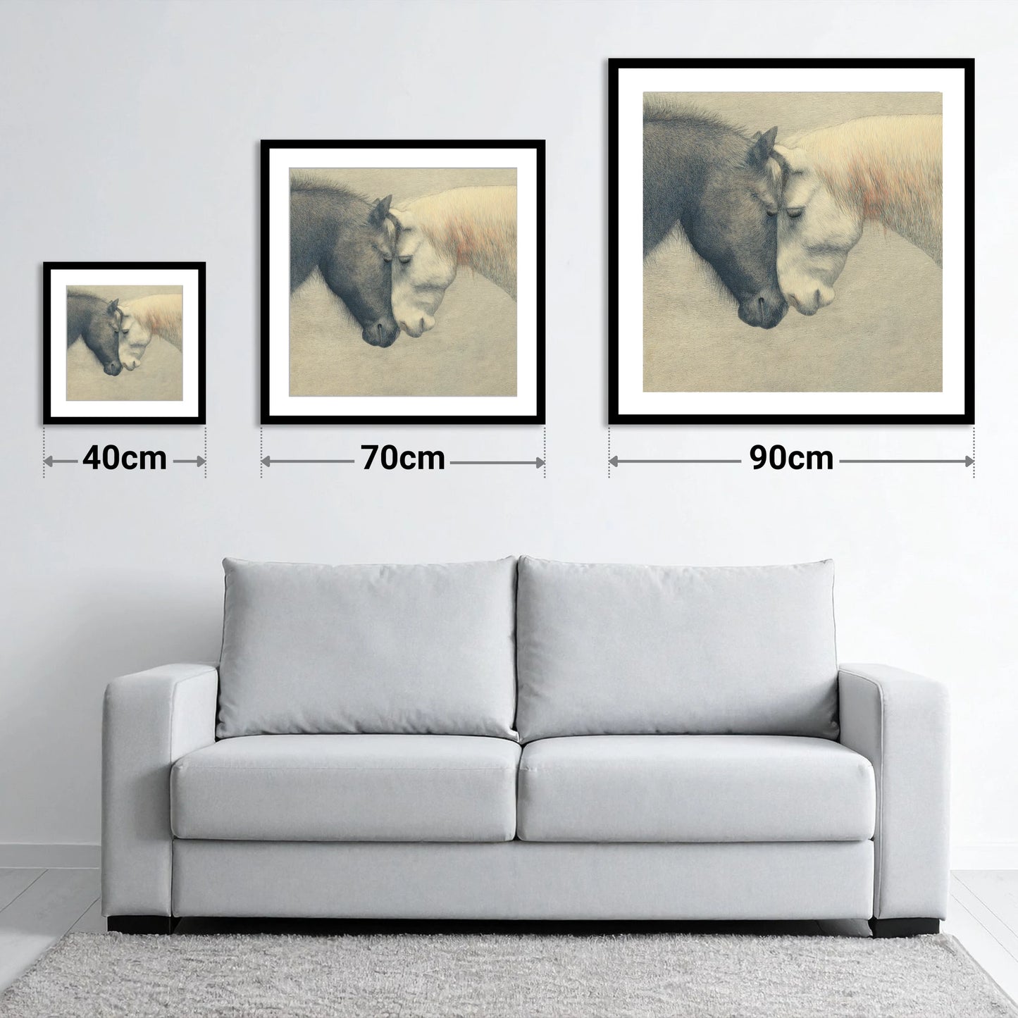 Quiet Harmony - size guide showing 40cm, 70cm and 90cm art prints