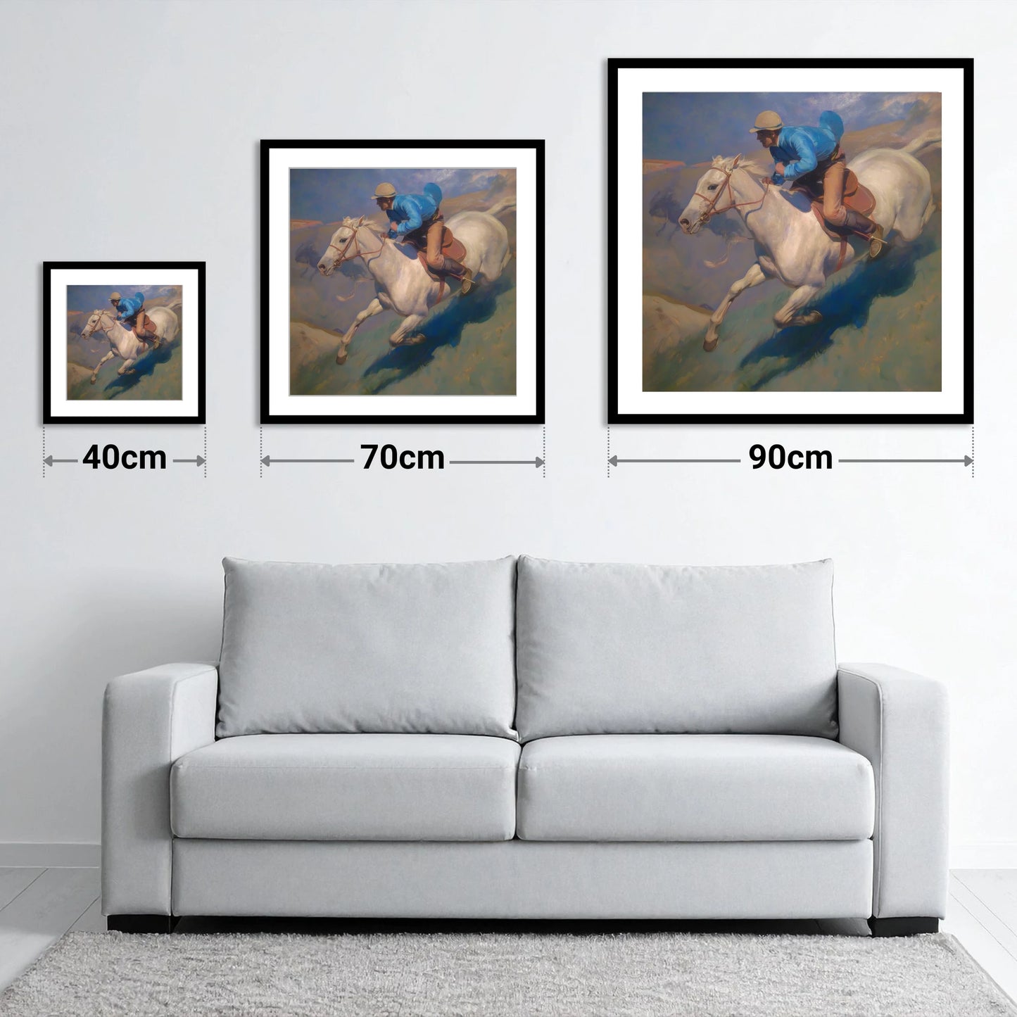 Cerulean Gallop - size guide showing 40cm, 70cm and 90cm art prints