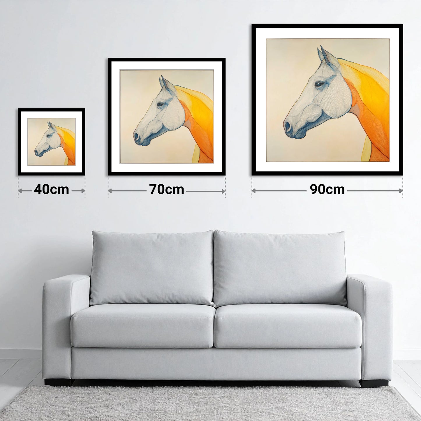 Flowing Amber Contours - size guide showing 40cm, 70cm and 90cm art prints