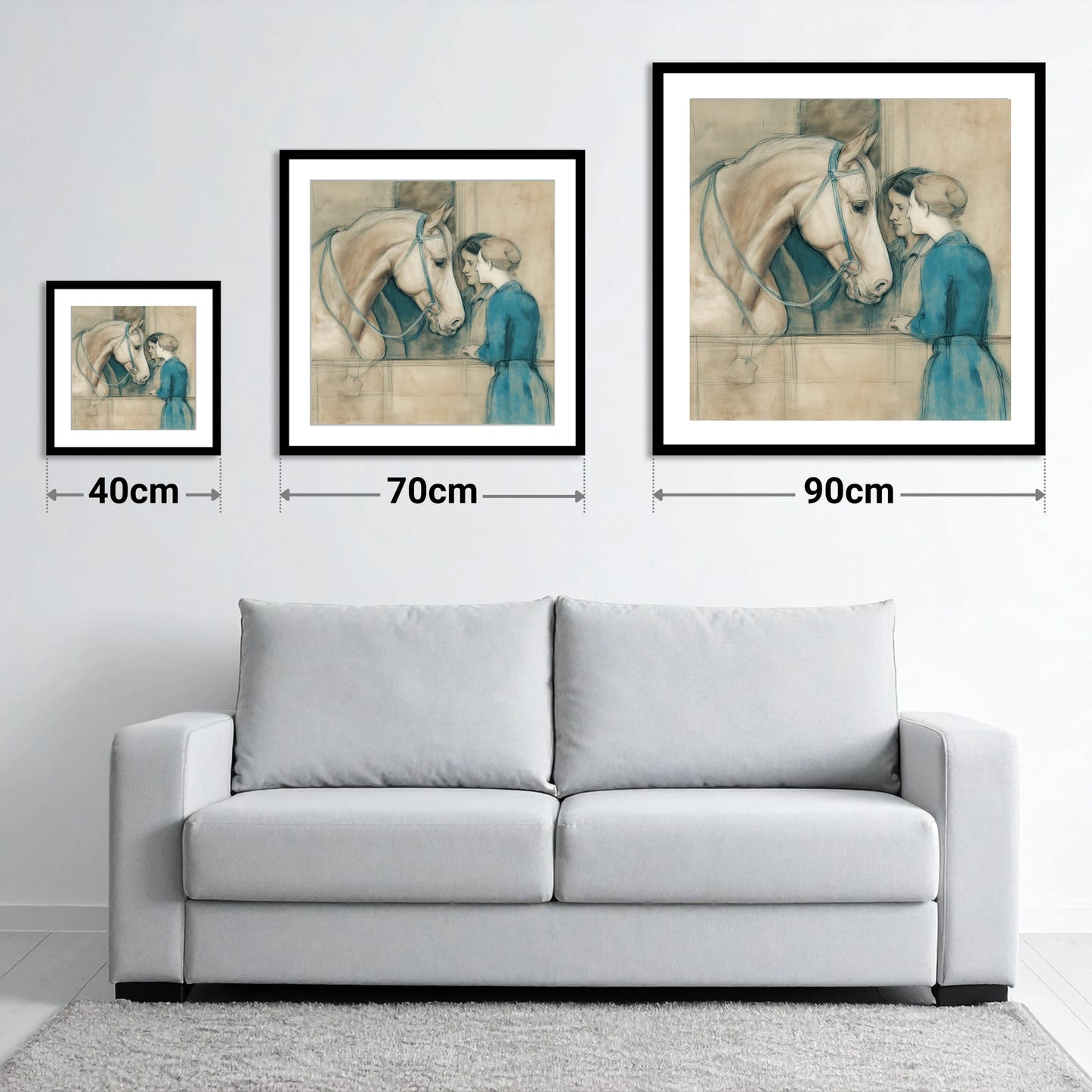 A Gentle Exchange - size guide showing 40cm, 70cm and 90cm art prints