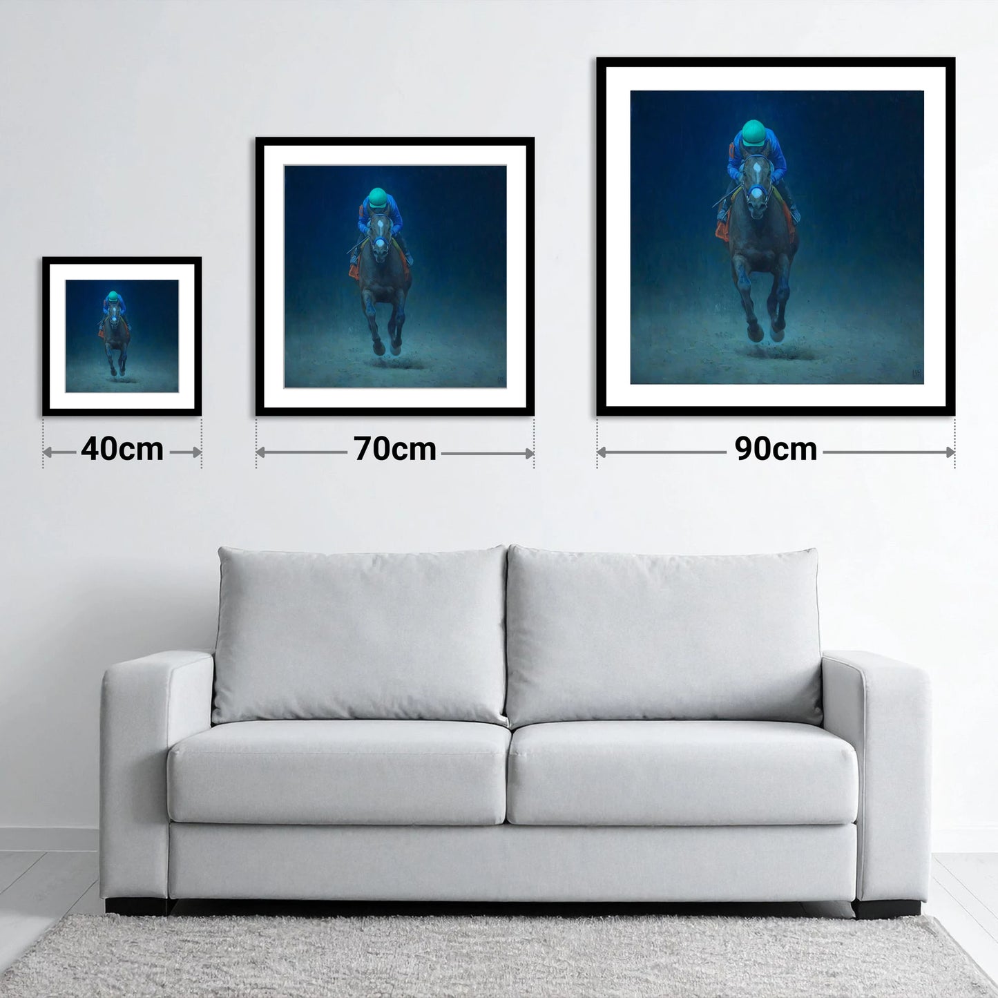 The Indigo Gallop - size guide showing 40cm, 70cm and 90cm art prints