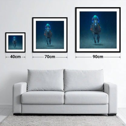 The Indigo Gallop - size guide showing 40cm, 70cm and 90cm art prints