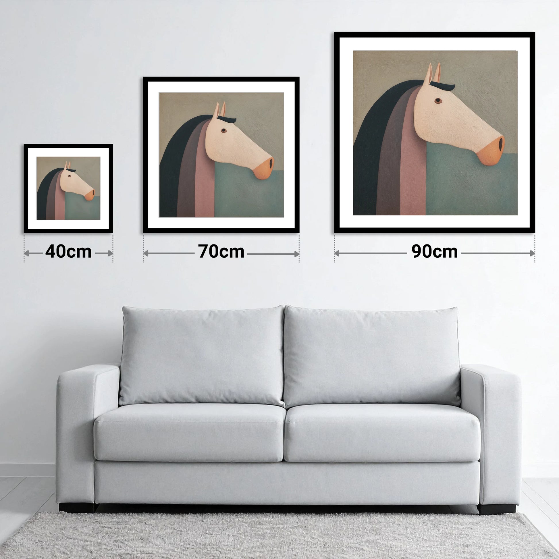 Earthy Equine Profile - size guide showing 40cm, 70cm and 90cm art prints