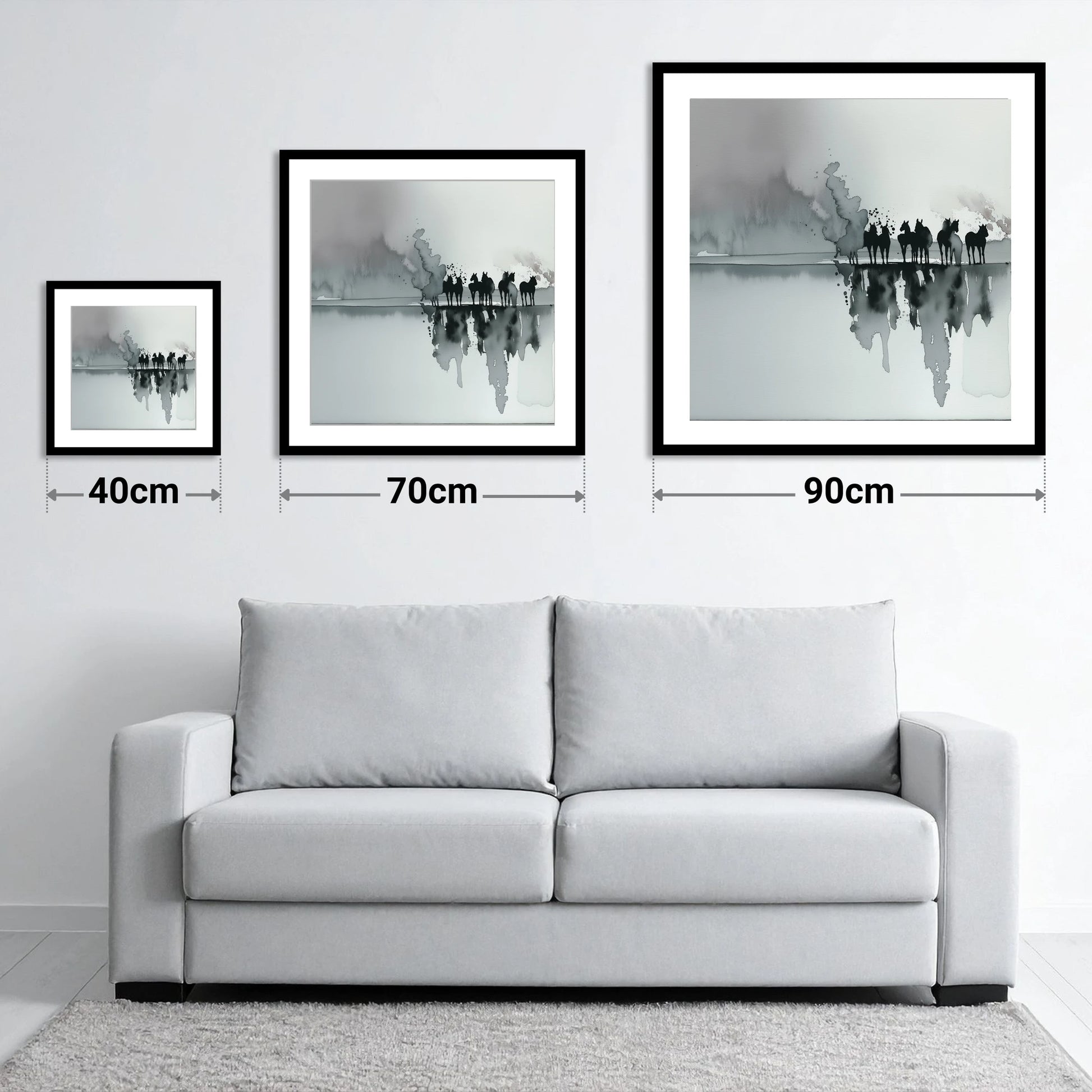 Monochrome Mist Herd - size guide showing 40cm, 70cm and 90cm art prints