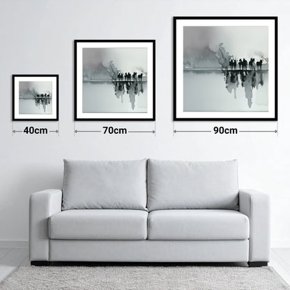 Monochrome Mist Herd - size guide showing 40cm, 70cm and 90cm art prints