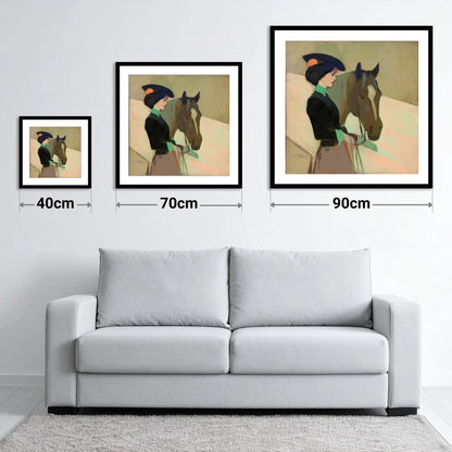 The Elegant Equestrienne - size guide showing 40cm, 70cm and 90cm art prints