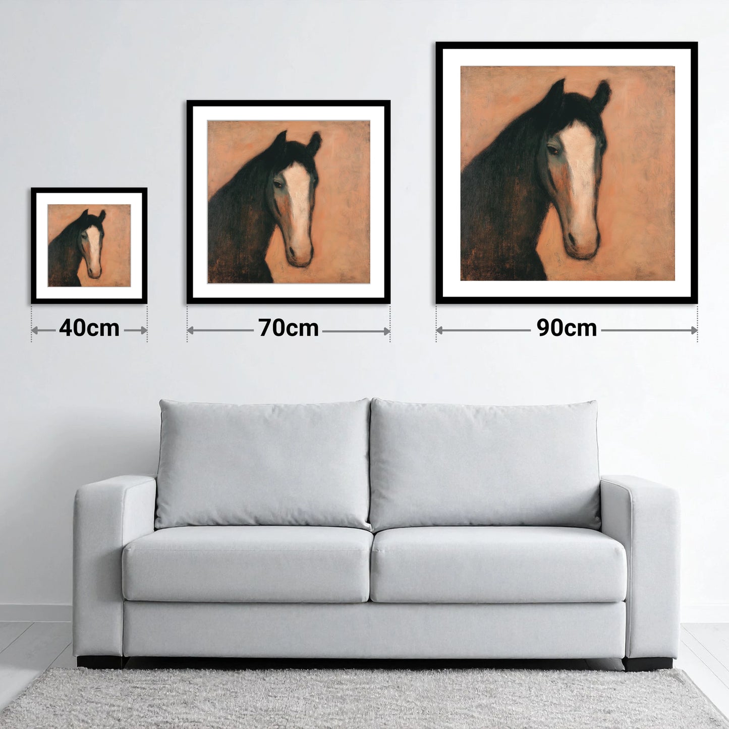 Dignity in Shadows - size guide showing 40cm, 70cm and 90cm art prints