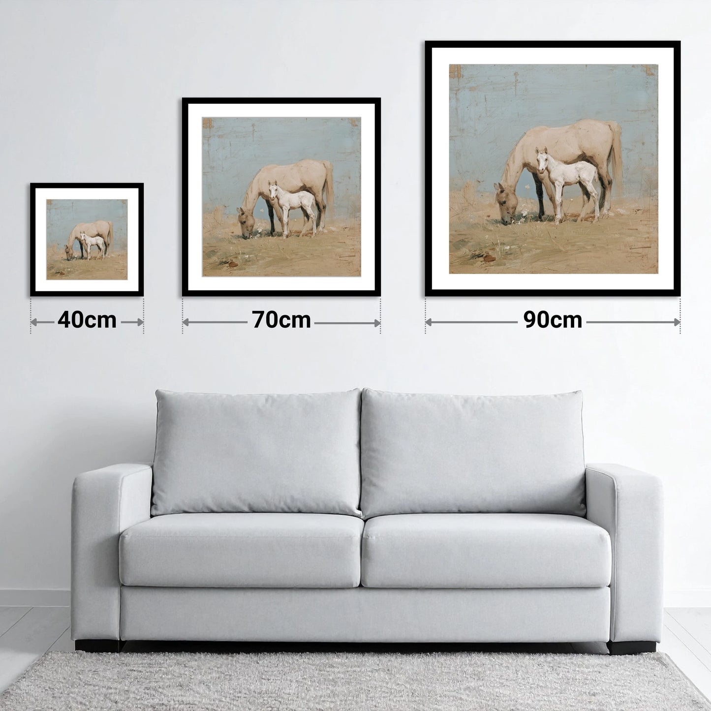 The Quiet Pasture - size guide showing 40cm, 70cm and 90cm art prints