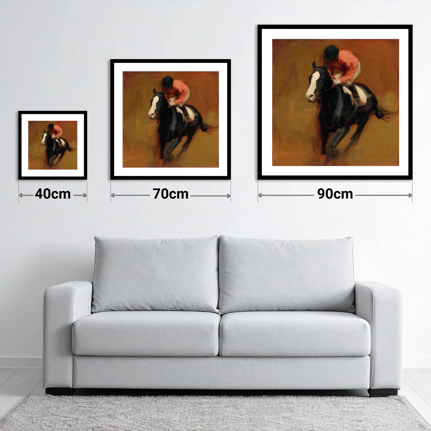 Terracotta Thunder - size guide showing 40cm, 70cm and 90cm art prints