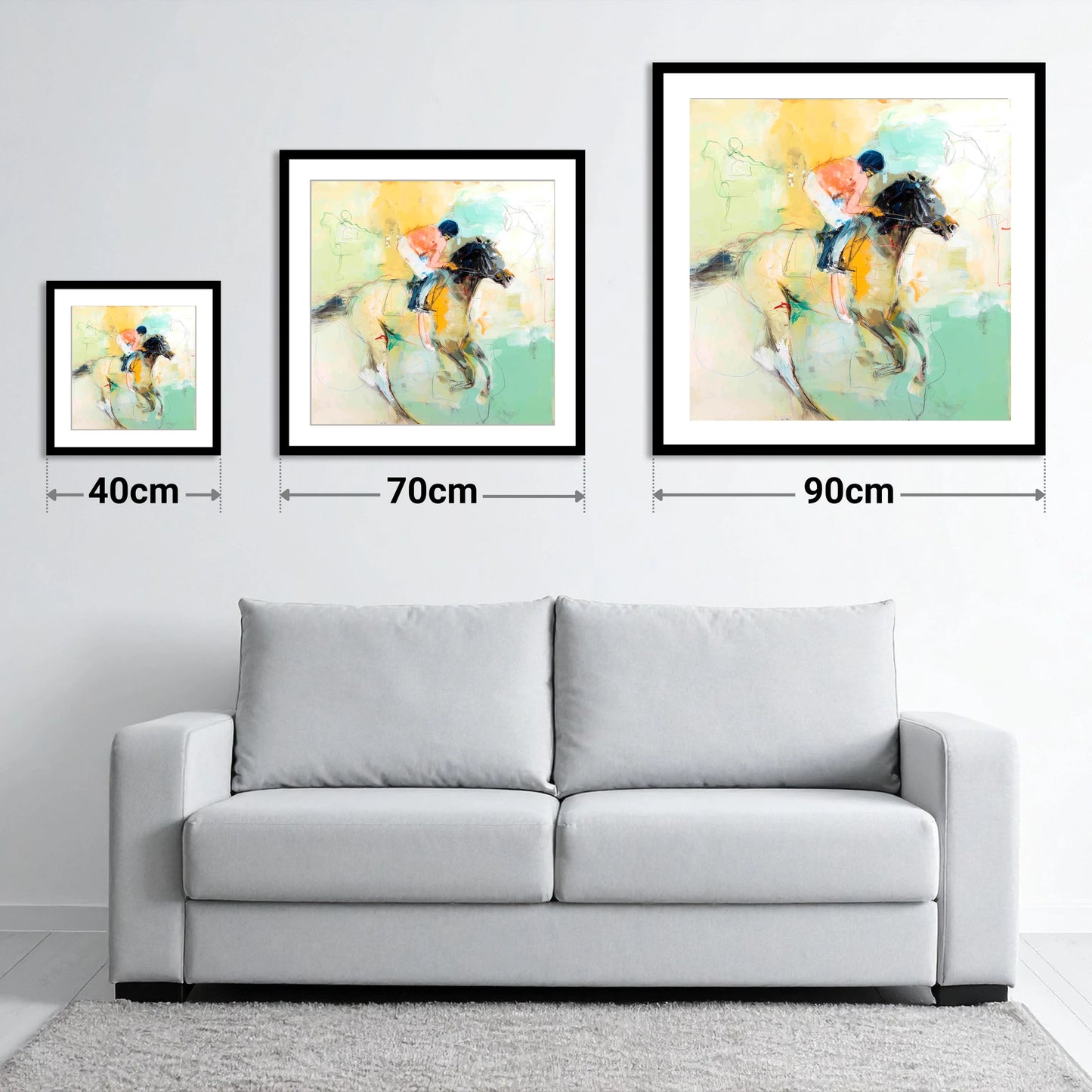 The Driving Finish - size guide showing 40cm, 70cm and 90cm art prints