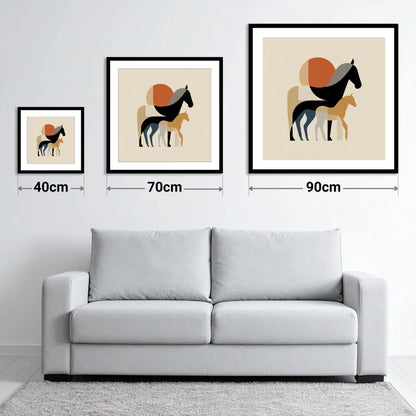 Geometric Equine Bond - size guide showing 40cm, 70cm and 90cm art prints