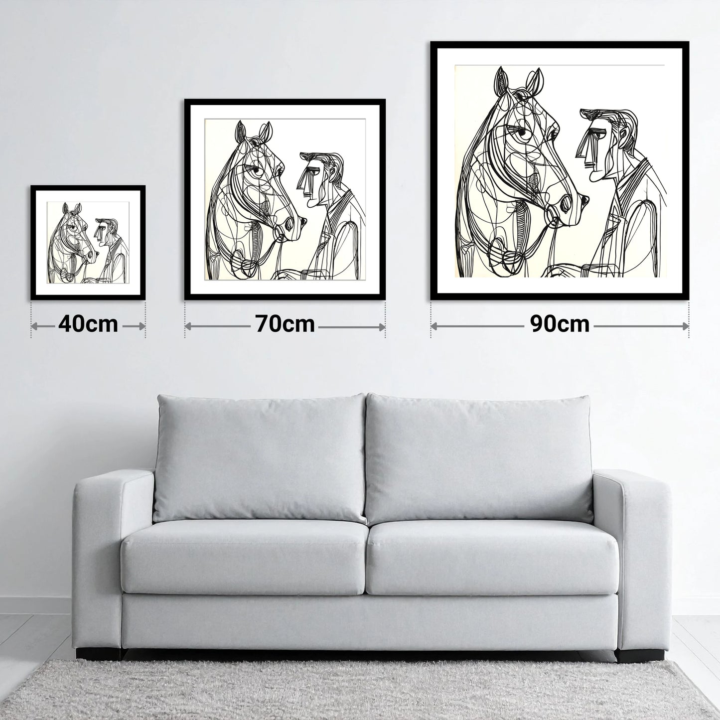 Modern Connection - size guide showing 40cm, 70cm and 90cm art prints