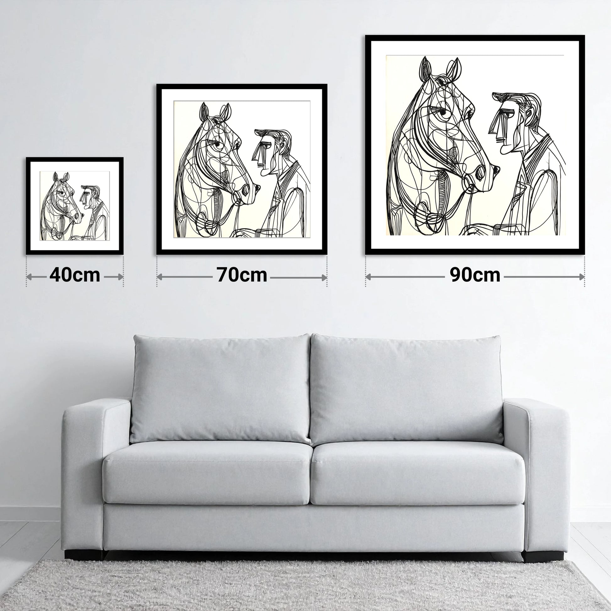 Modern Connection - size guide showing 40cm, 70cm and 90cm art prints