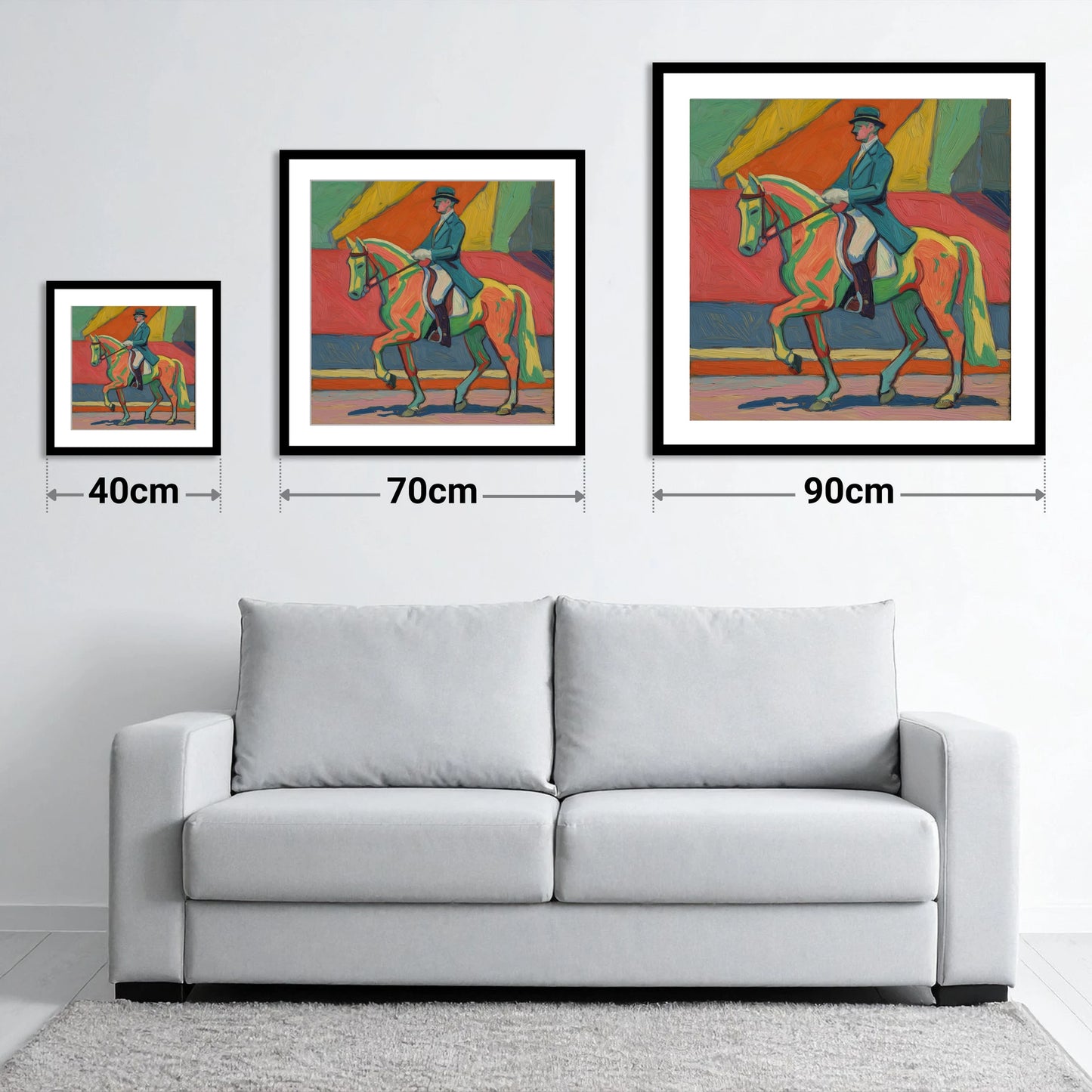 Vivid Dressage Rhythm - size guide showing 40cm, 70cm and 90cm art prints