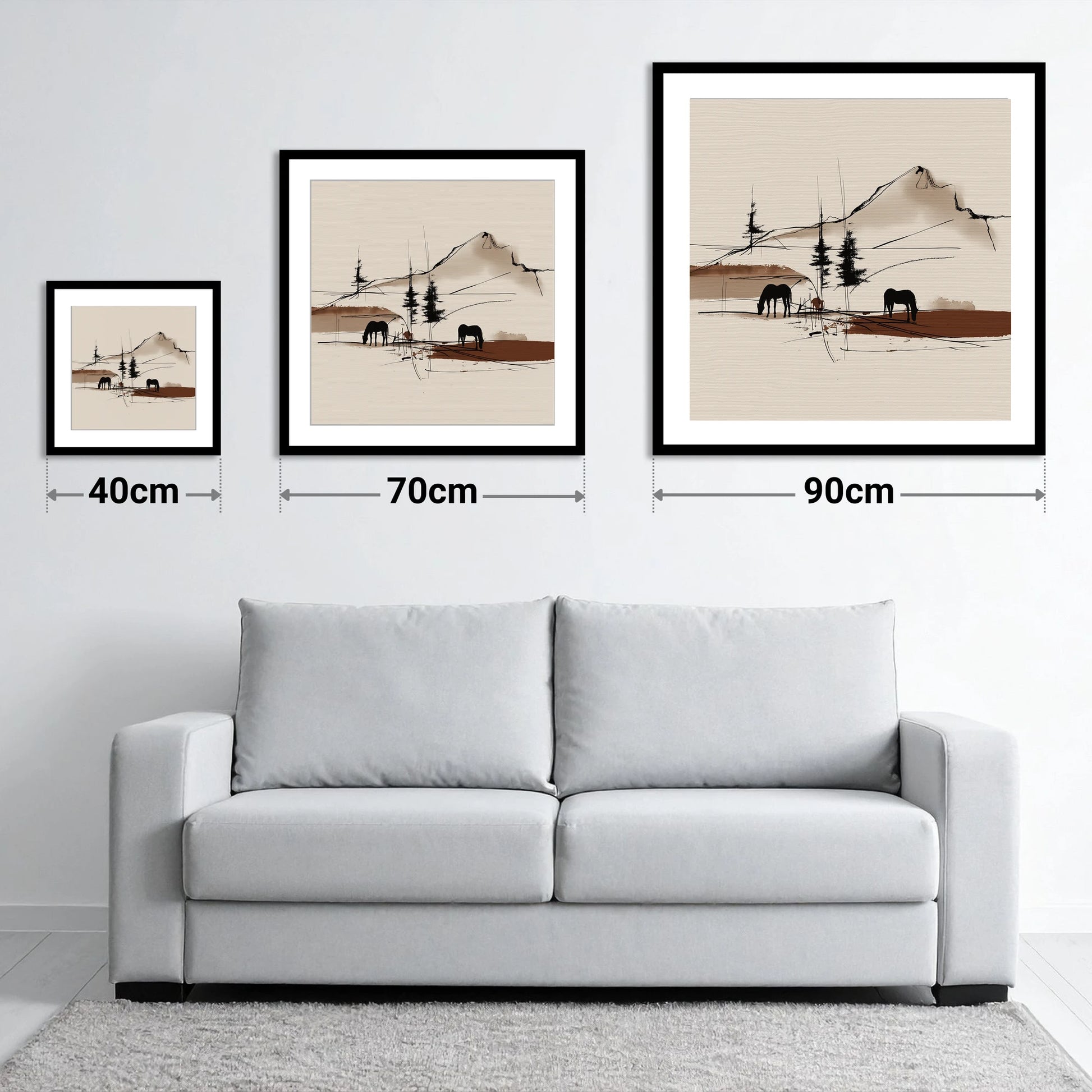 Mountain Pasture Silhouettes - size guide showing 40cm, 70cm and 90cm art prints