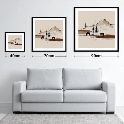 Mountain Pasture Silhouettes - size guide showing 40cm, 70cm and 90cm art prints