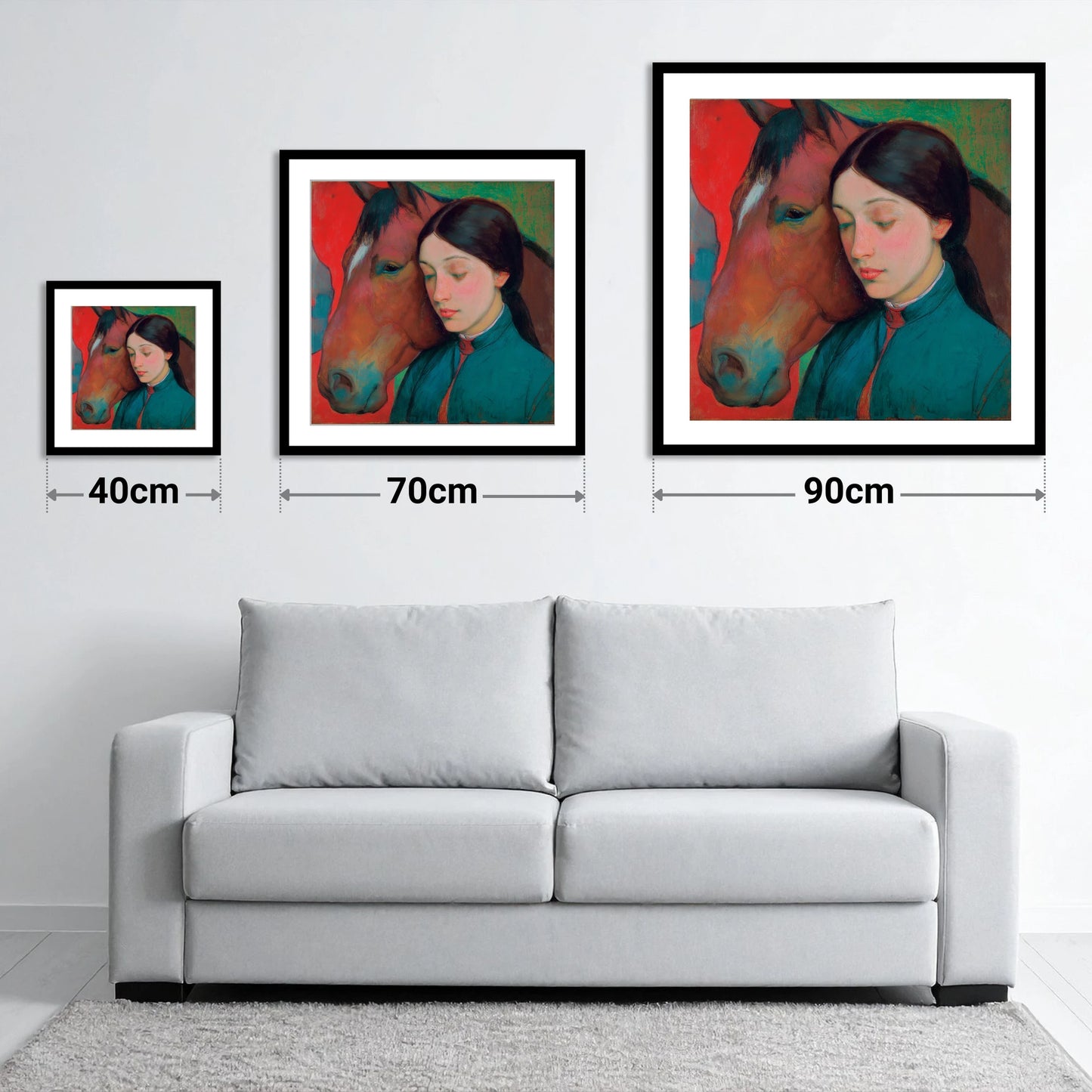 Silent Devotion - size guide showing 40cm, 70cm and 90cm art prints