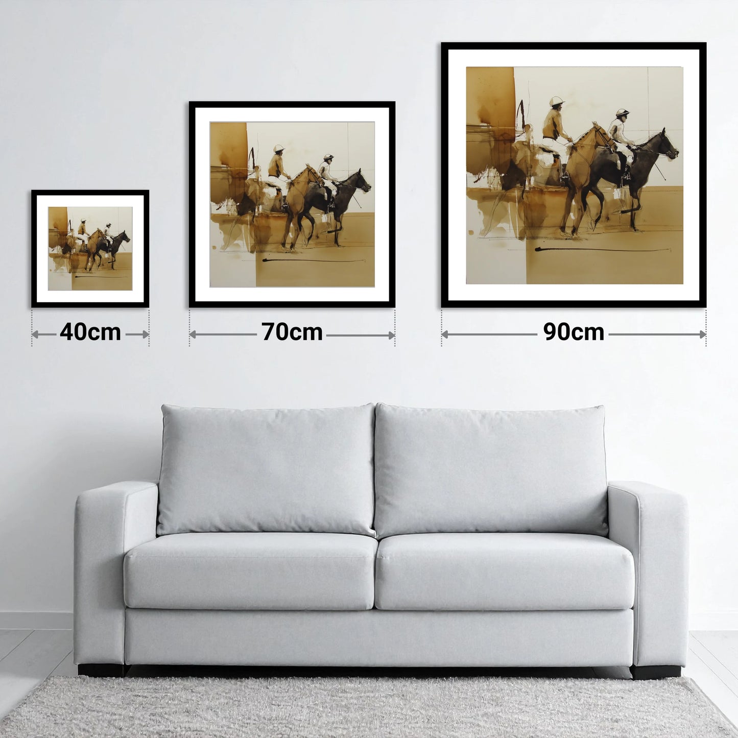 Going to Post - size guide showing 40cm, 70cm and 90cm art prints