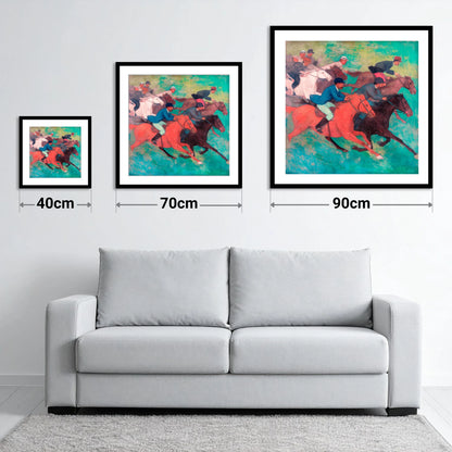 The Crimson Stride - size guide showing 40cm, 70cm and 90cm art prints