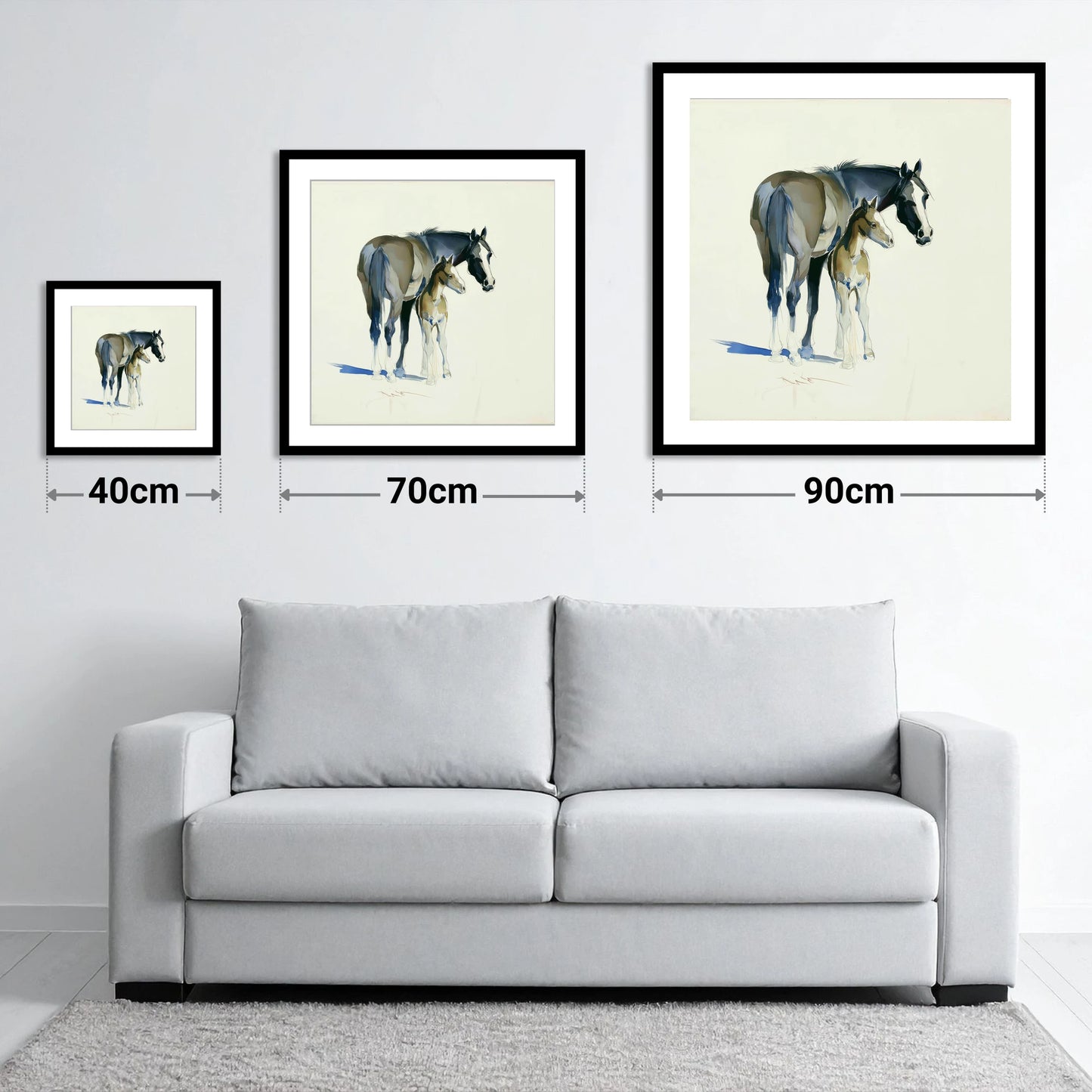 Gentle Guidance - size guide showing 40cm, 70cm and 90cm art prints