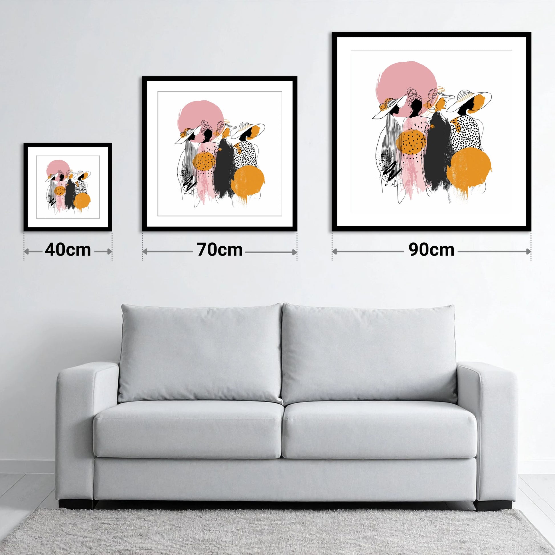 Trackside Elegance - size guide showing 40cm, 70cm and 90cm art prints