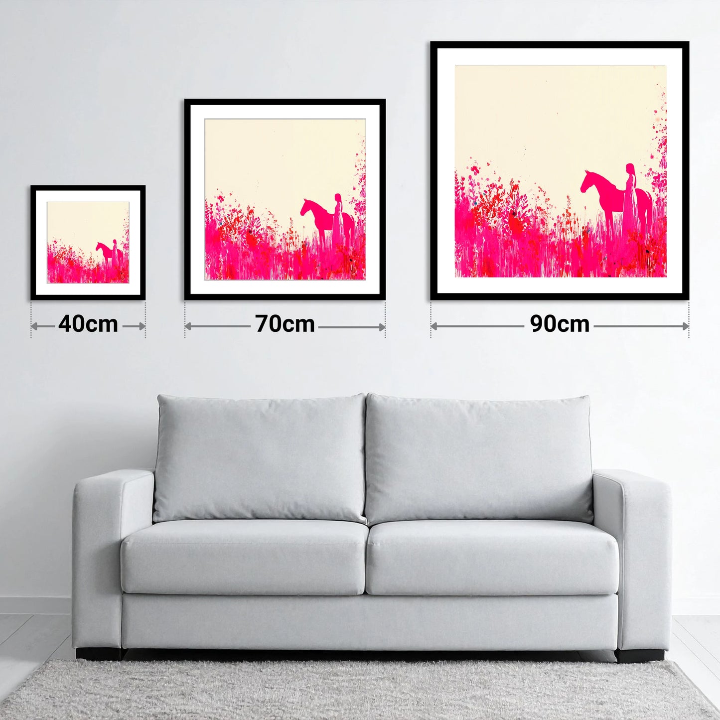 Vibrant Magenta Silhouette - size guide showing 40cm, 70cm and 90cm art prints
