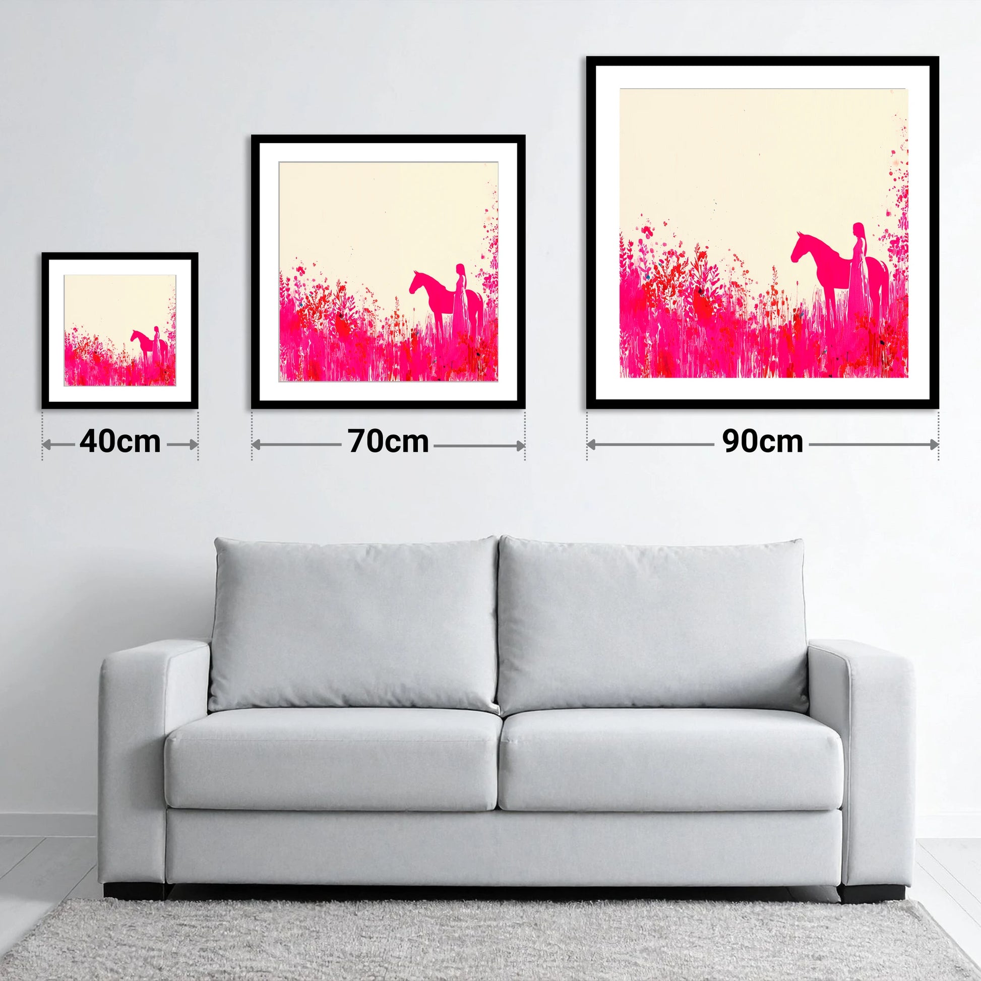 Vibrant Magenta Silhouette - size guide showing 40cm, 70cm and 90cm art prints
