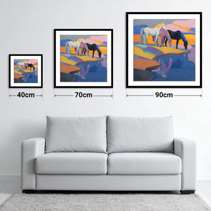 Colours of the Waterhole - size guide showing 40cm, 70cm and 90cm art prints