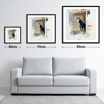At the Stable Door - size guide showing 40cm, 70cm and 90cm art prints
